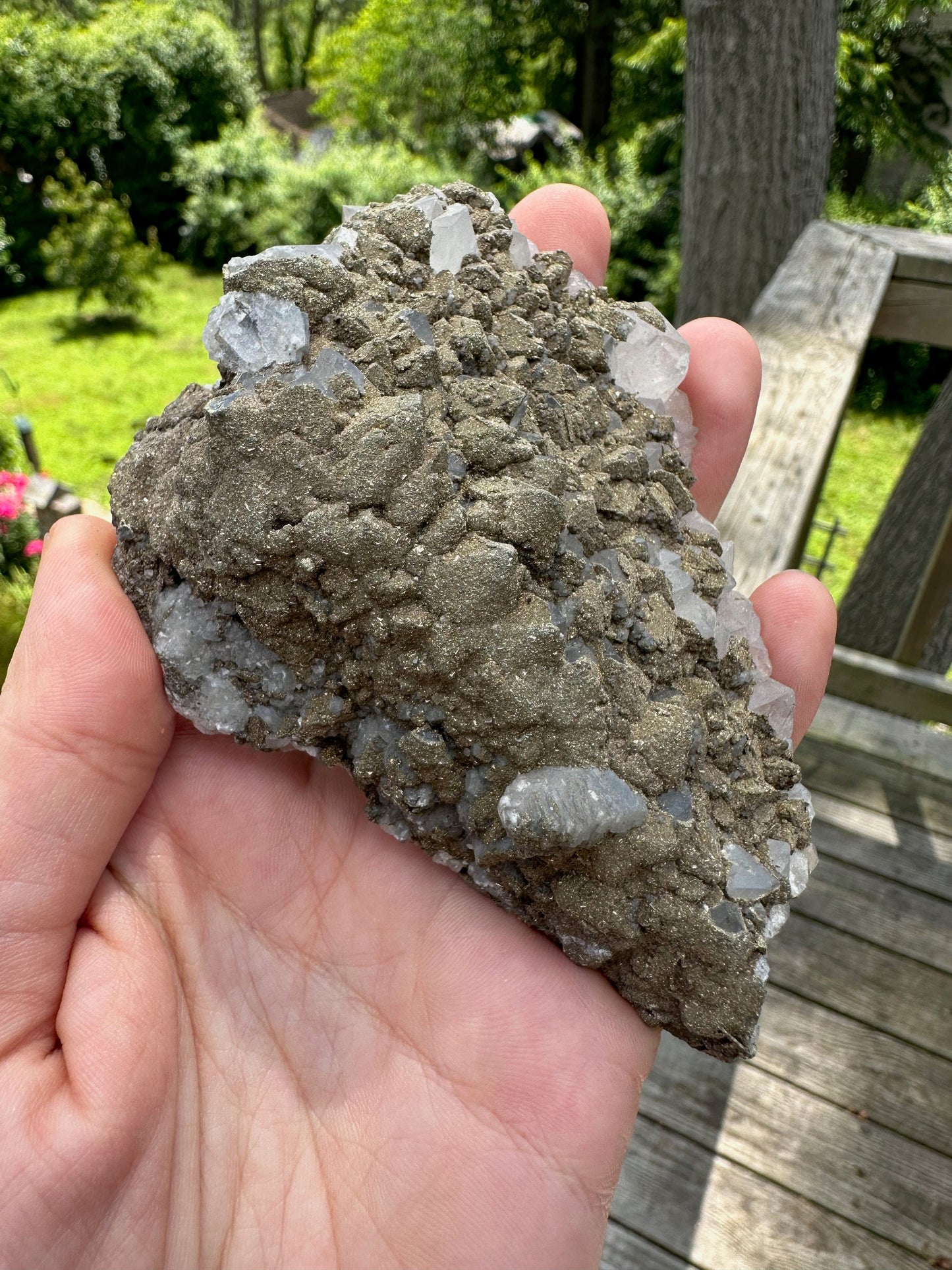 Cabinet Pyrite over Quartz with Calcite on Fluorite from Morocco
