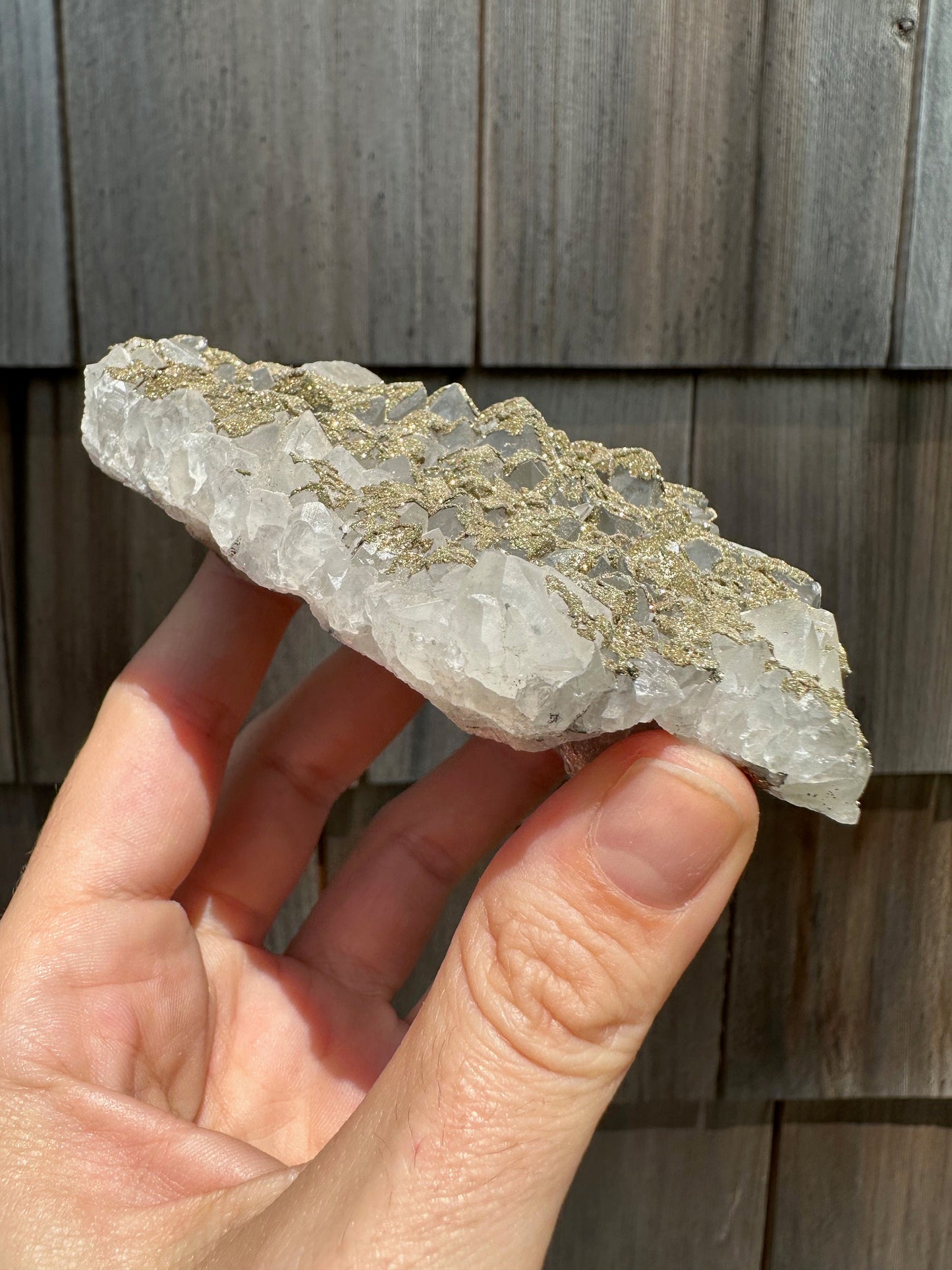 Cabinet Pyrite over Quartz with Calcite on Fluorite from Morocco