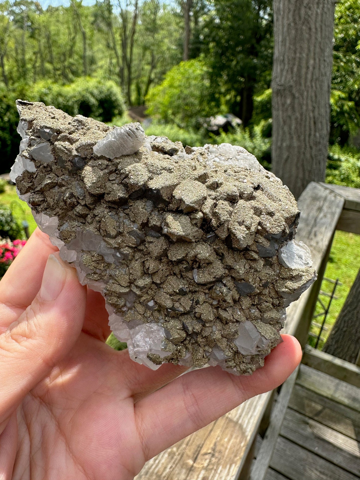 Cabinet Pyrite over Quartz with Calcite on Fluorite from Morocco