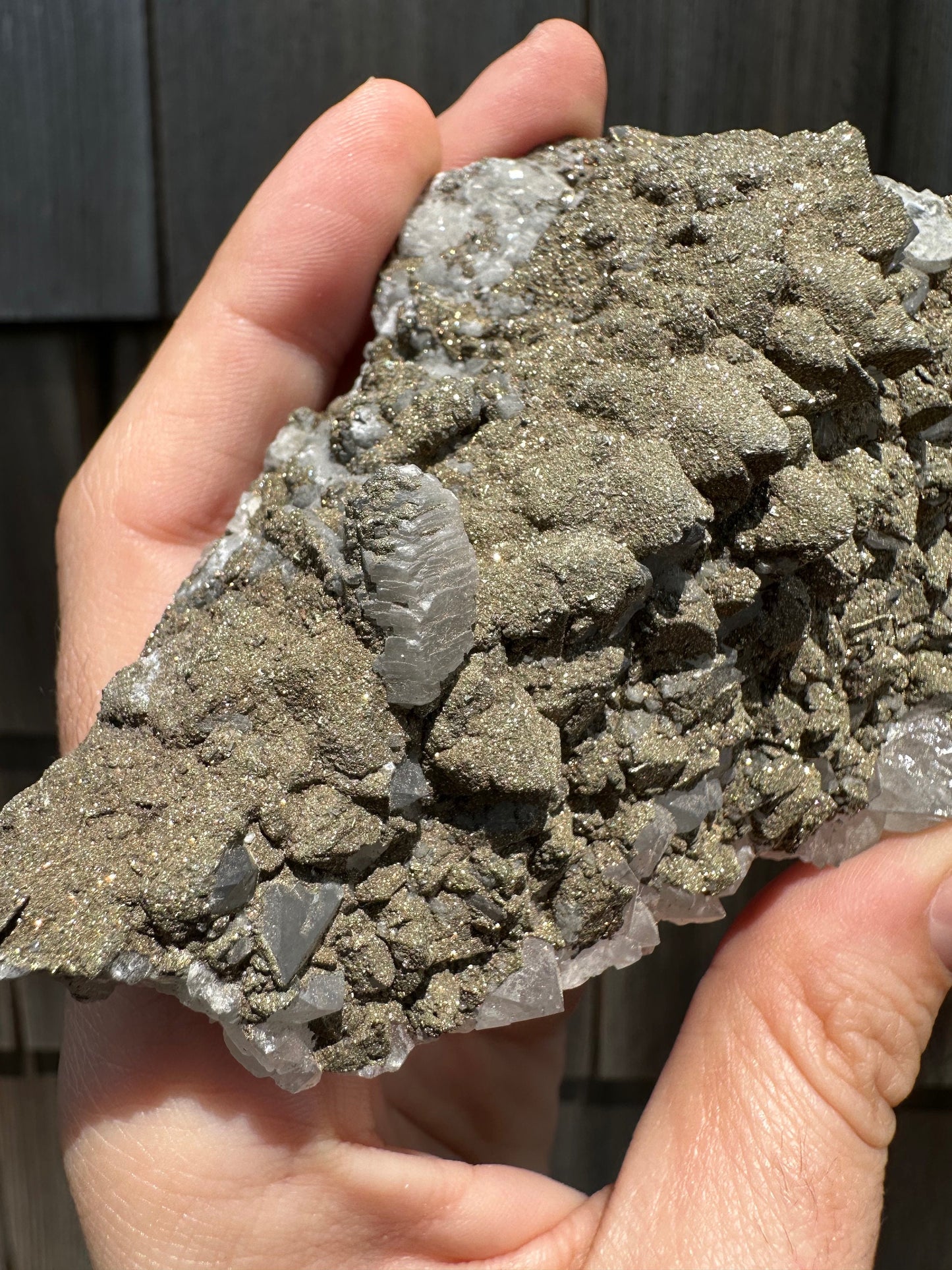 Cabinet Pyrite over Quartz with Calcite on Fluorite from Morocco