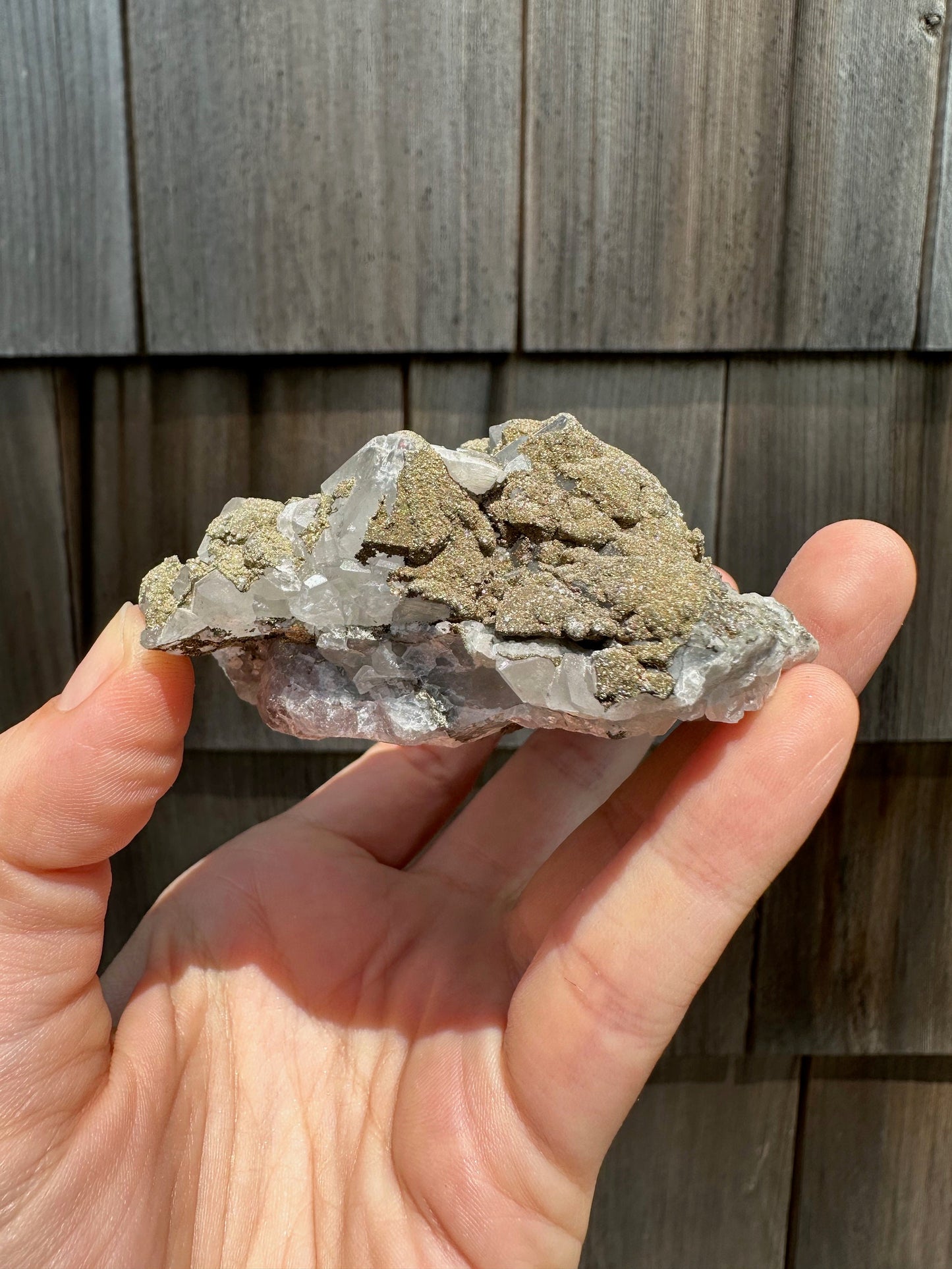 Cabinet Pyrite over Quartz with Calcite on Fluorite from Morocco