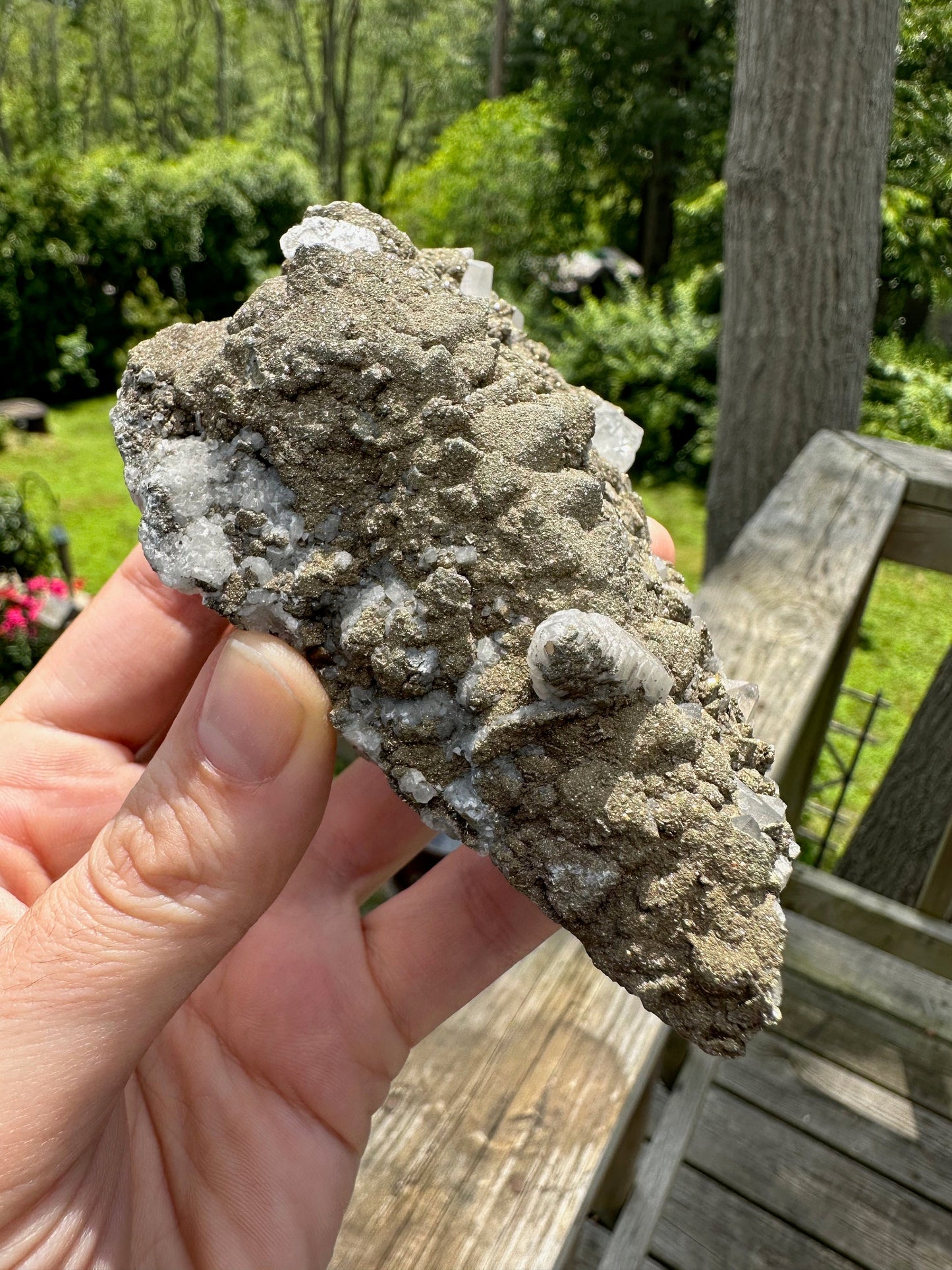 Cabinet Pyrite over Quartz with Calcite on Fluorite from Morocco