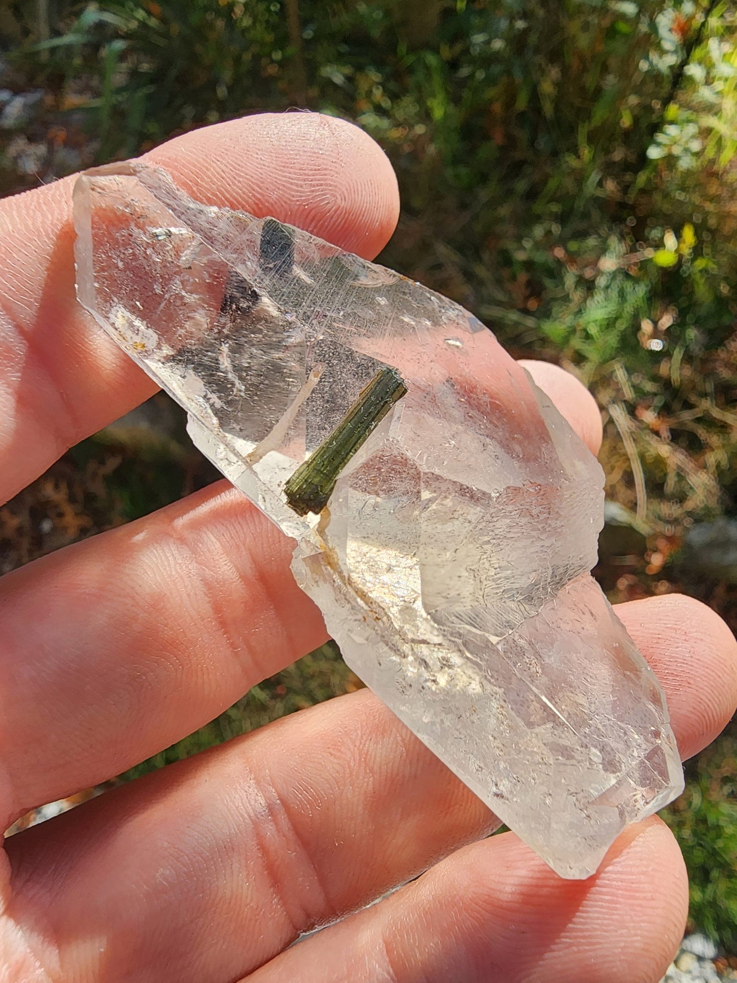Green Tourmaline in Tabular Quartz from Minas Gerais, Brazil