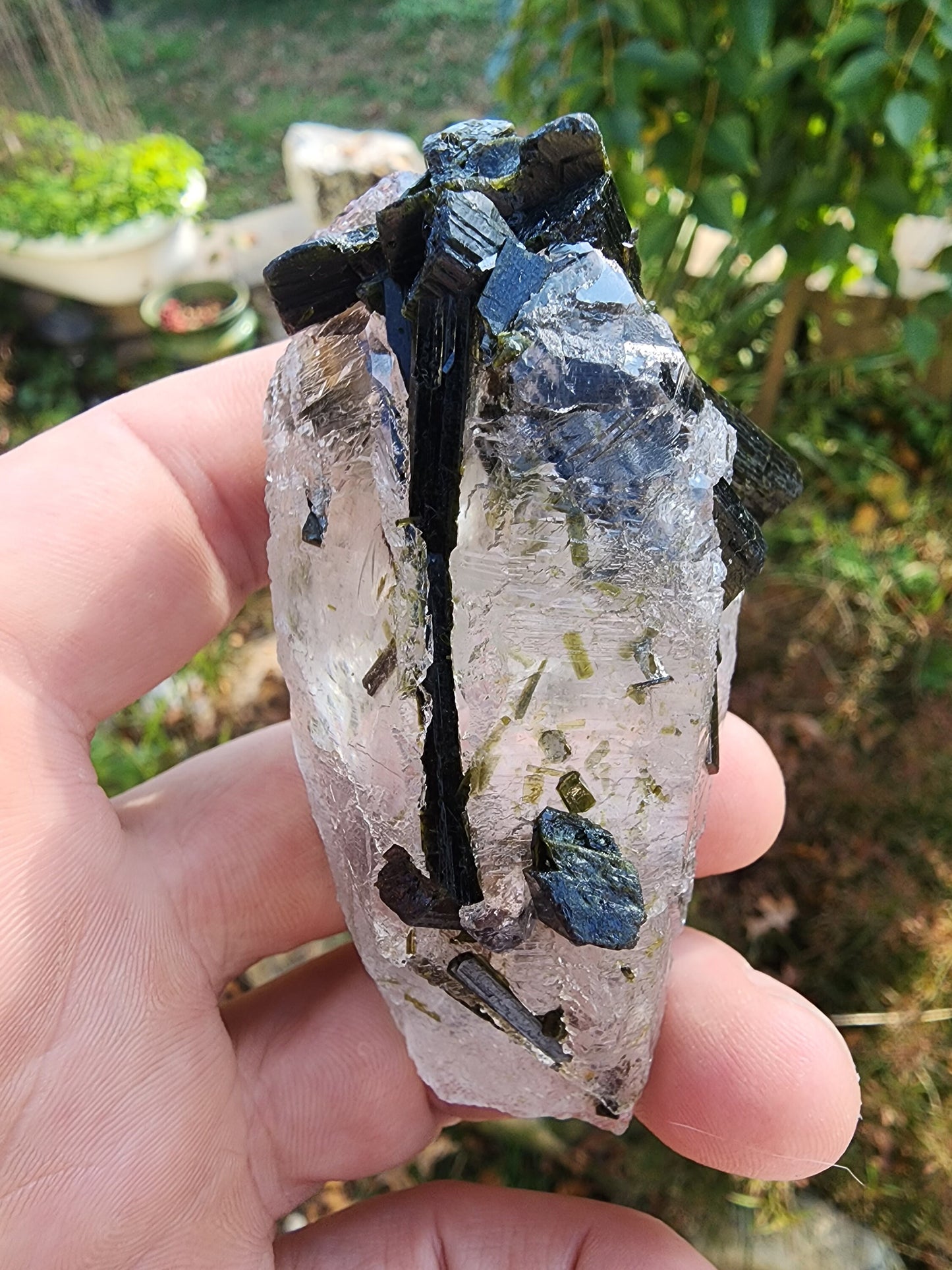 Green Tourmaline in Terminated Crystal Quartz from Minas Gerais, Brazil