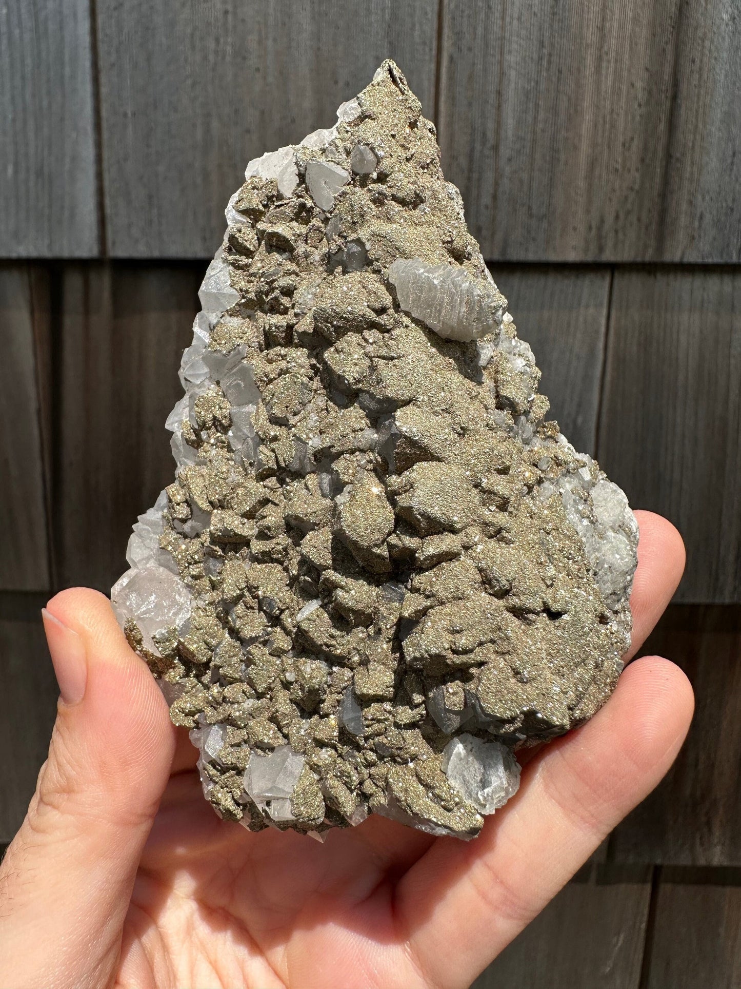 Cabinet Pyrite over Quartz with Calcite on Fluorite from Morocco