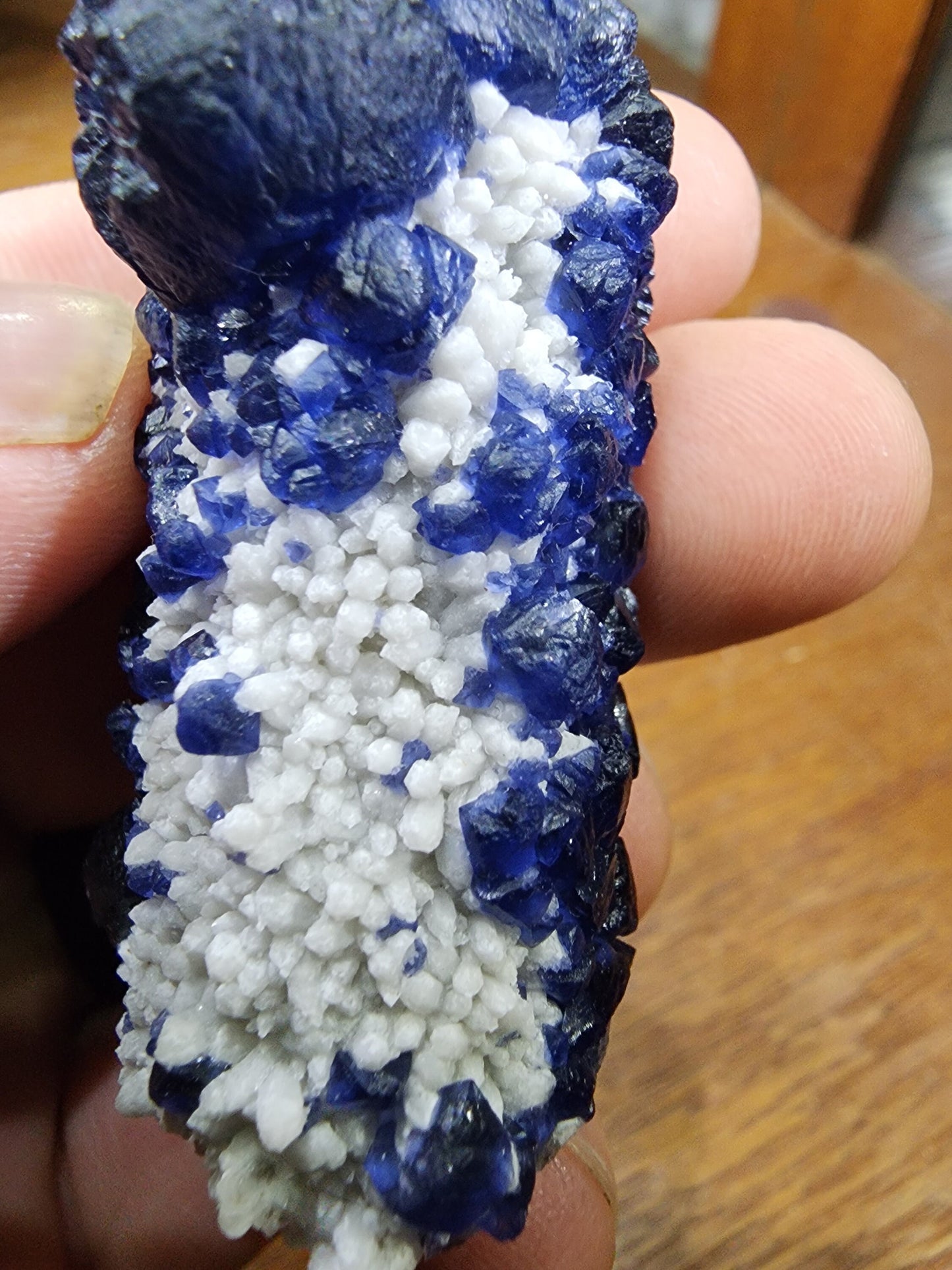 Blueberry Fluorite on Cactus Quartz Point from Huanggangliang, Inner Mongolia, China