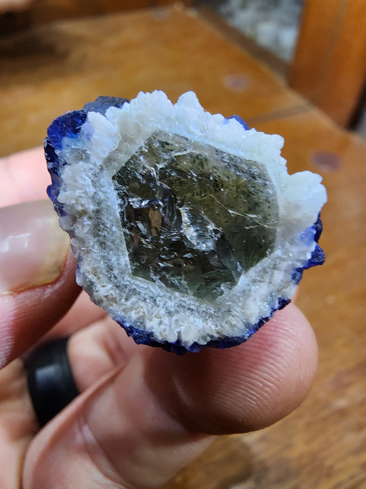 Blueberry Fluorite on Cactus Quartz Point from Huanggangliang, Inner Mongolia, China