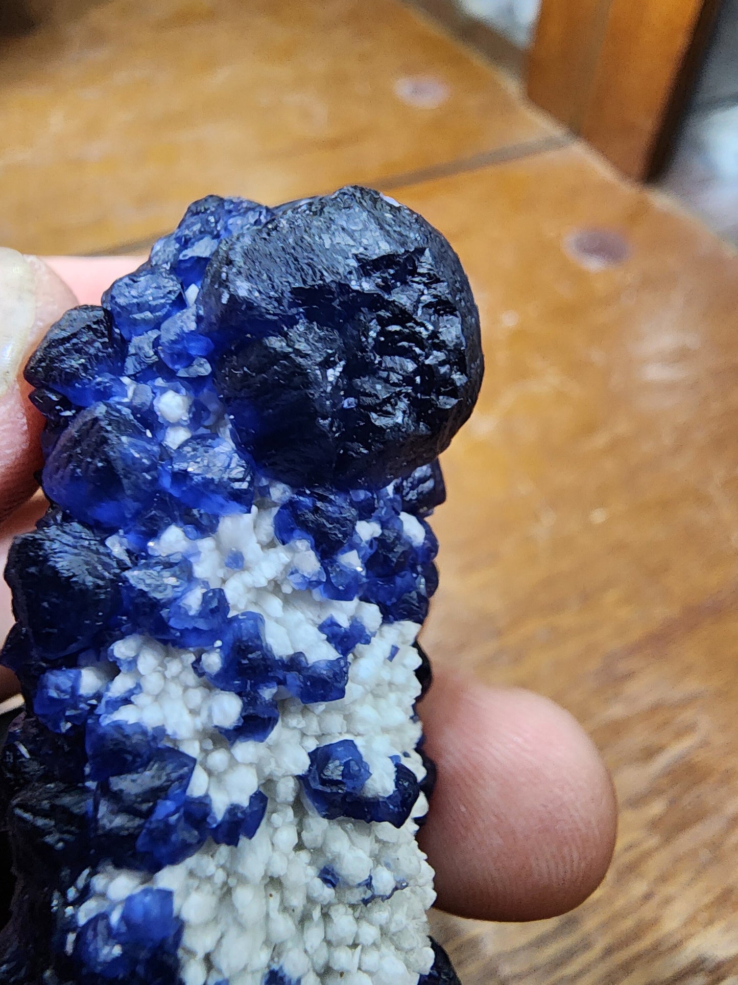 Blueberry Fluorite on Cactus Quartz Point from Huanggangliang, Inner Mongolia, China