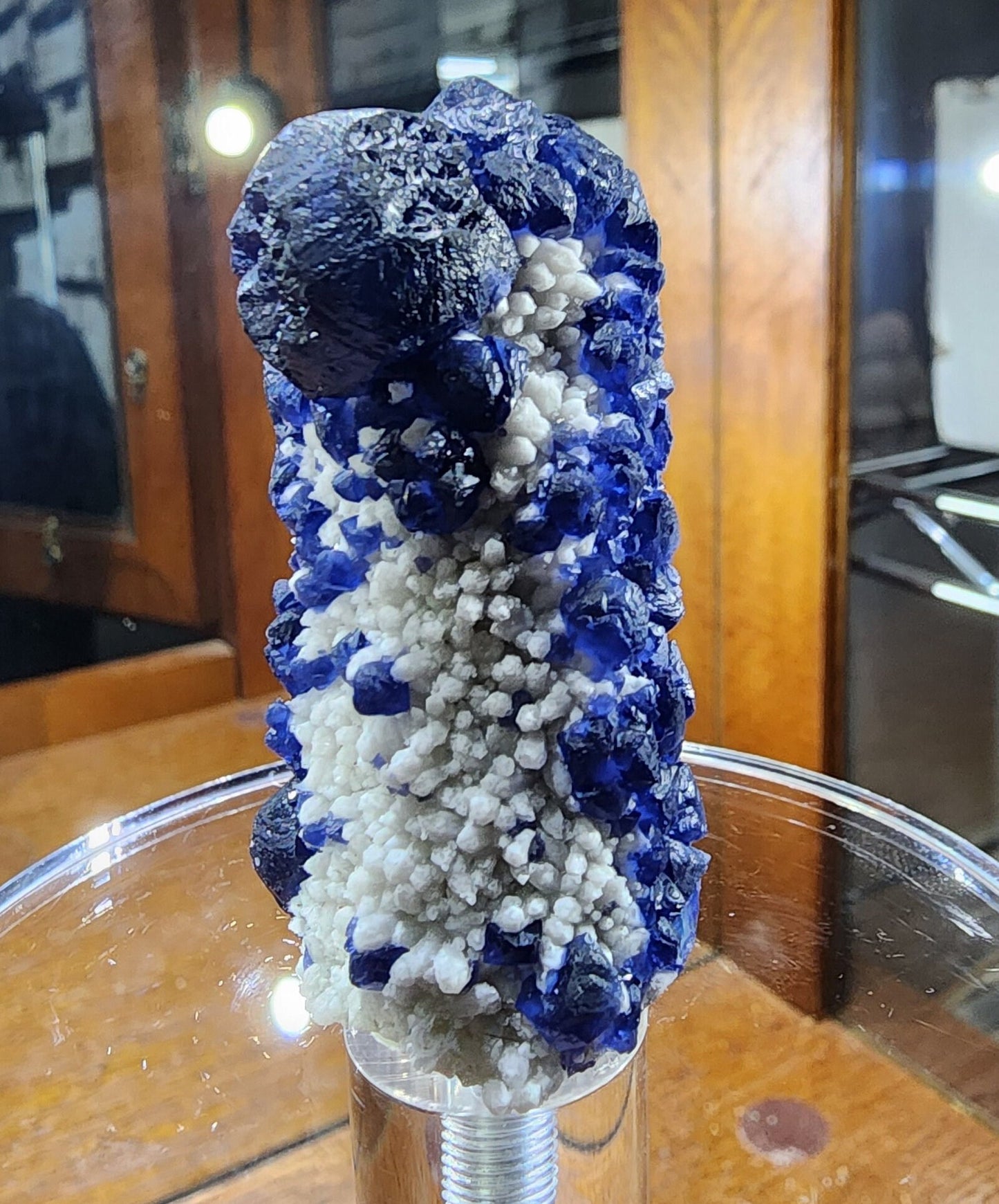 Blueberry Fluorite on Cactus Quartz Point from Huanggangliang, Inner Mongolia, China
