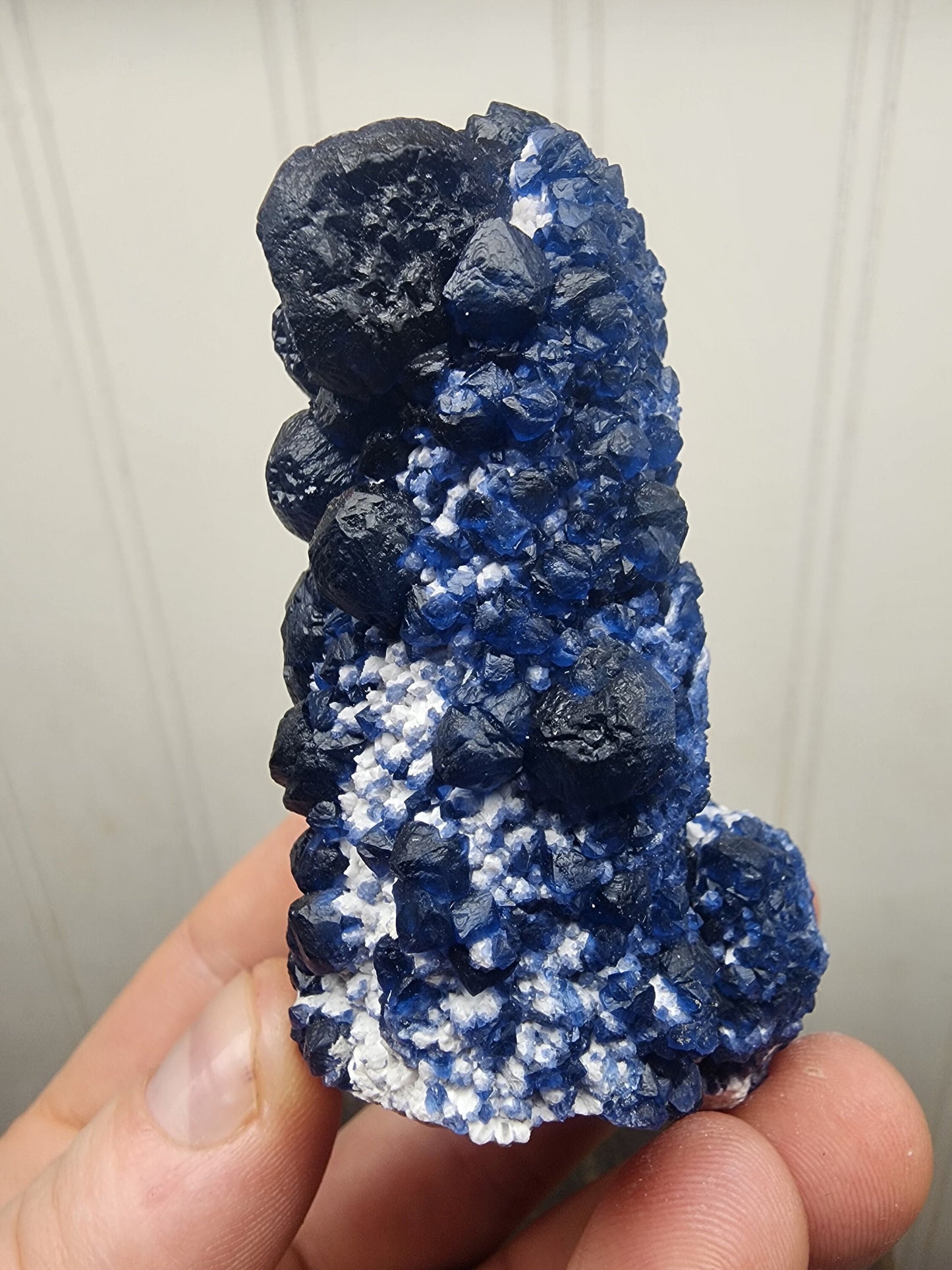 Blueberry Fluorite on Cactus Quartz Point from Huanggangliang, Inner Mongolia, China