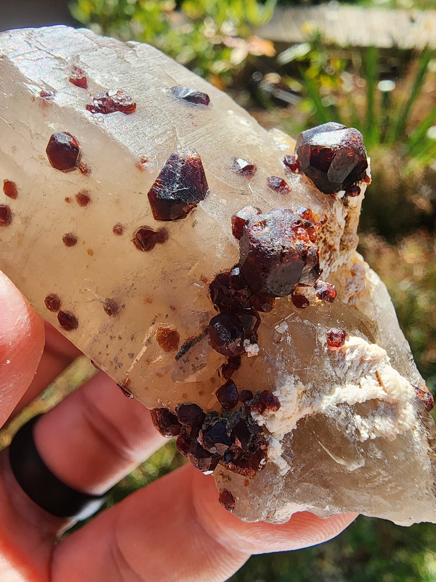 Red Spessartine Garnets on and in Smoky Quartz Point from China