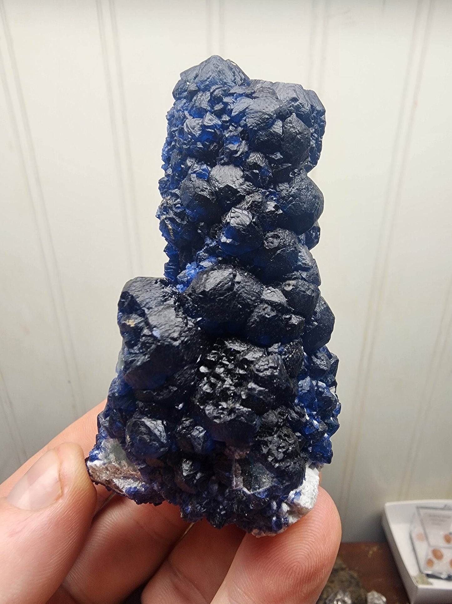 Blueberry Fluorite on Cactus Quartz Point from Huanggangliang, Inner Mongolia, China
