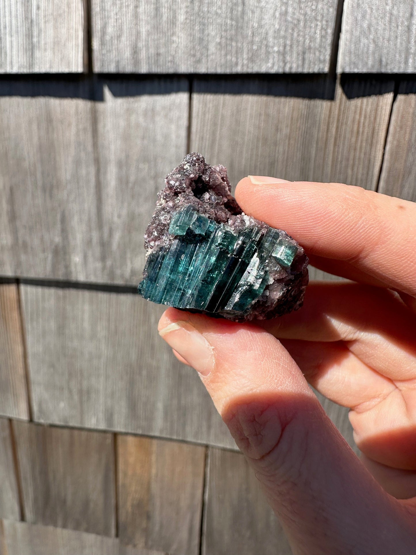 Indicolite Blue Tourmaline Crystals on Lepidolite from Brazil