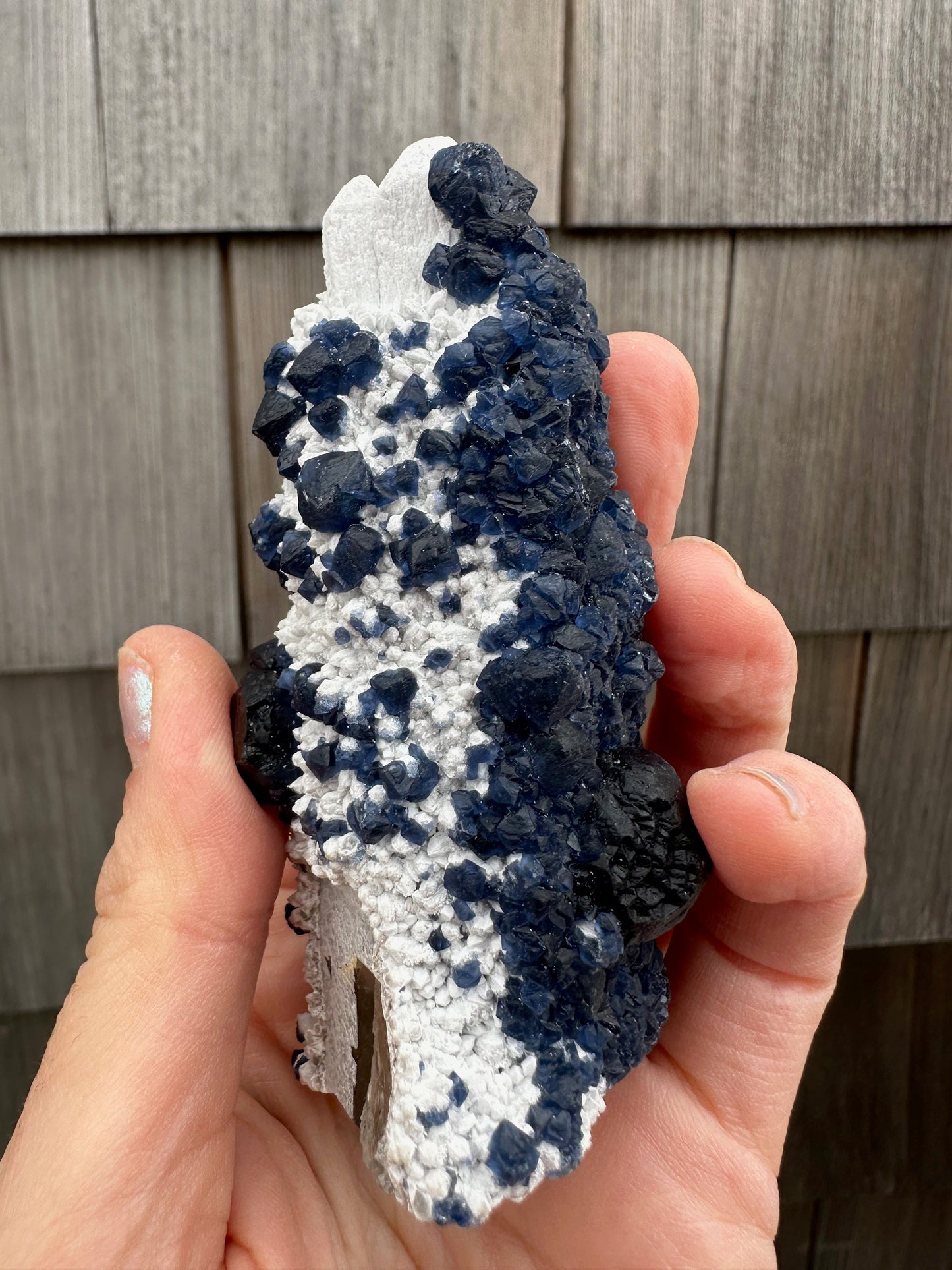 Blueberry Fluorite on Cactus Quartz Point from Huanggangliang, Inner Mongolia, China