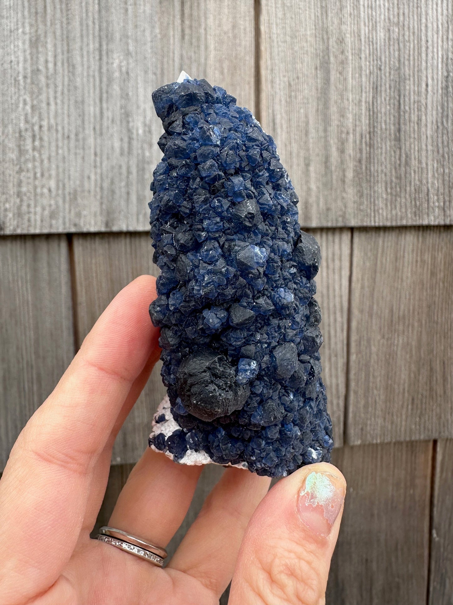 Blueberry Fluorite on Cactus Quartz Point from Huanggangliang, Inner Mongolia, China