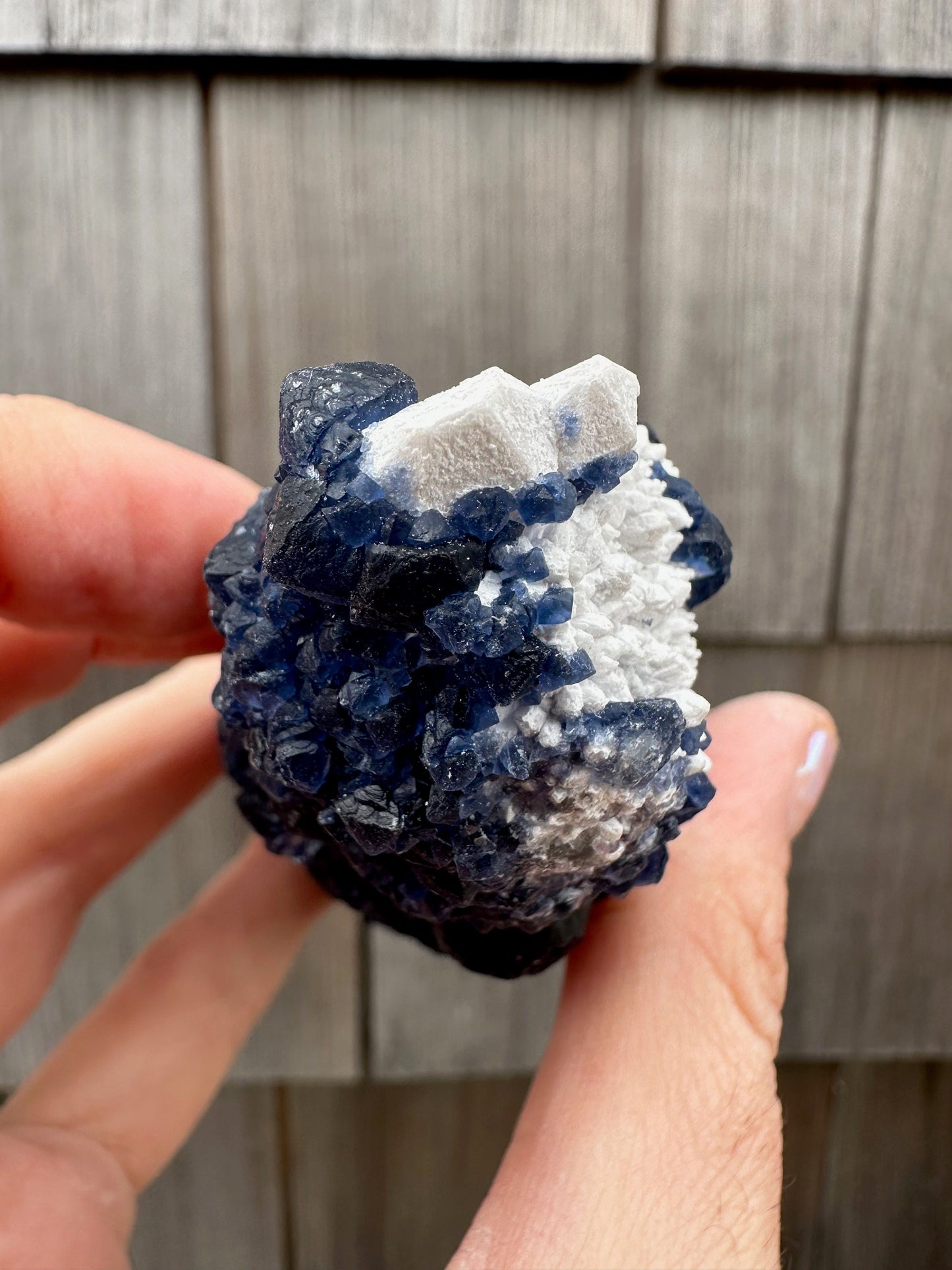 Blueberry Fluorite on Cactus Quartz Point from Huanggangliang, Inner Mongolia, China