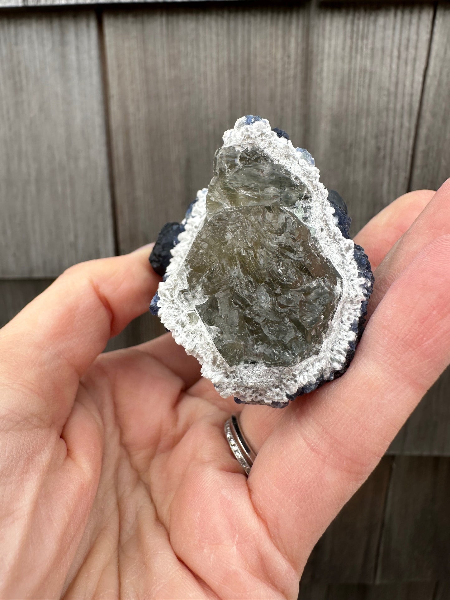 Blueberry Fluorite on Cactus Quartz Point from Huanggangliang, Inner Mongolia, China