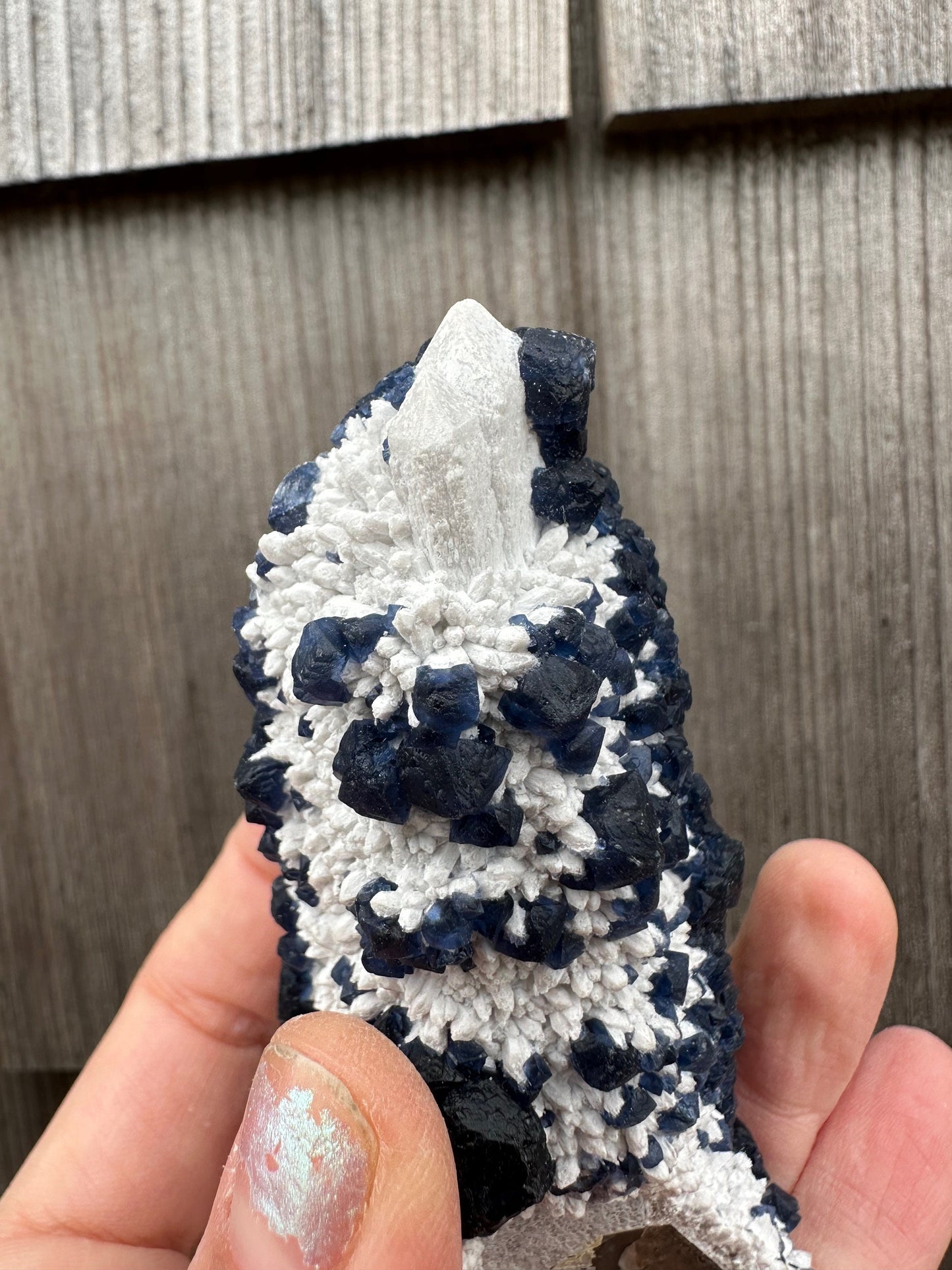 Blueberry Fluorite on Cactus Quartz Point from Huanggangliang, Inner Mongolia, China
