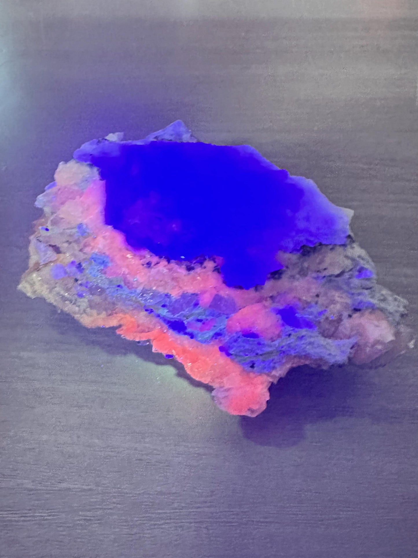 Fluorescent Poker Chip Calcite With Pyrite on Fluorite from Morocco