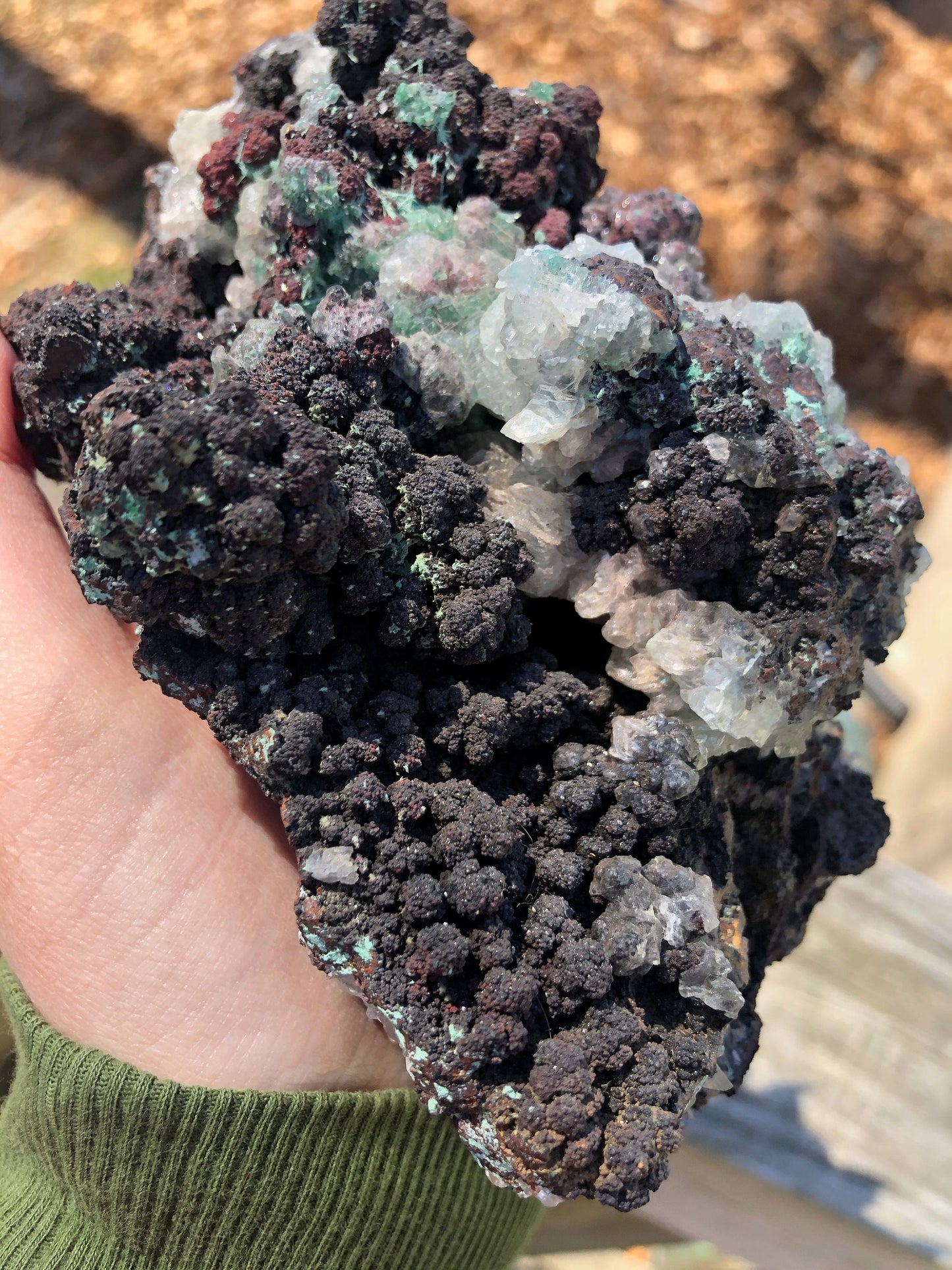 Cabinet Aurichalcite with Calcite on Goethite from Ojuela Mine Mexico