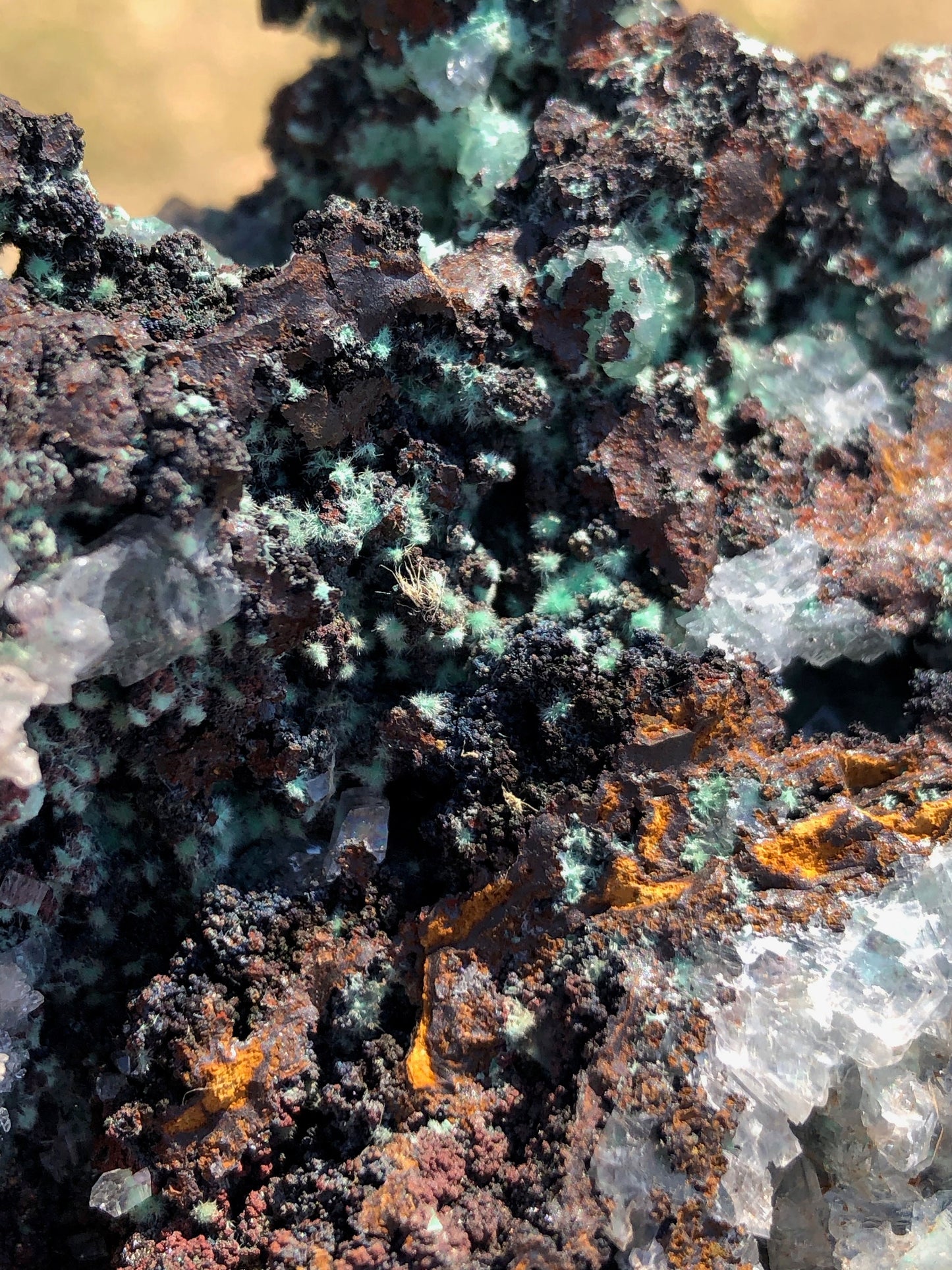 Cabinet Aurichalcite with Calcite on Goethite from Ojuela Mine Mexico