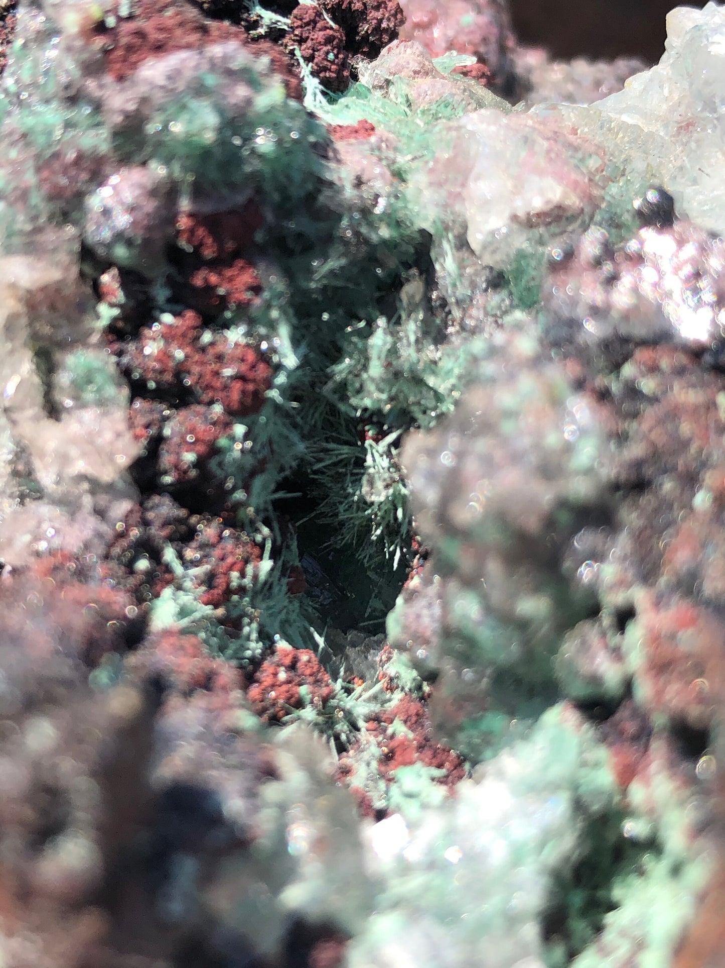 Cabinet Aurichalcite with Calcite on Goethite from Ojuela Mine Mexico