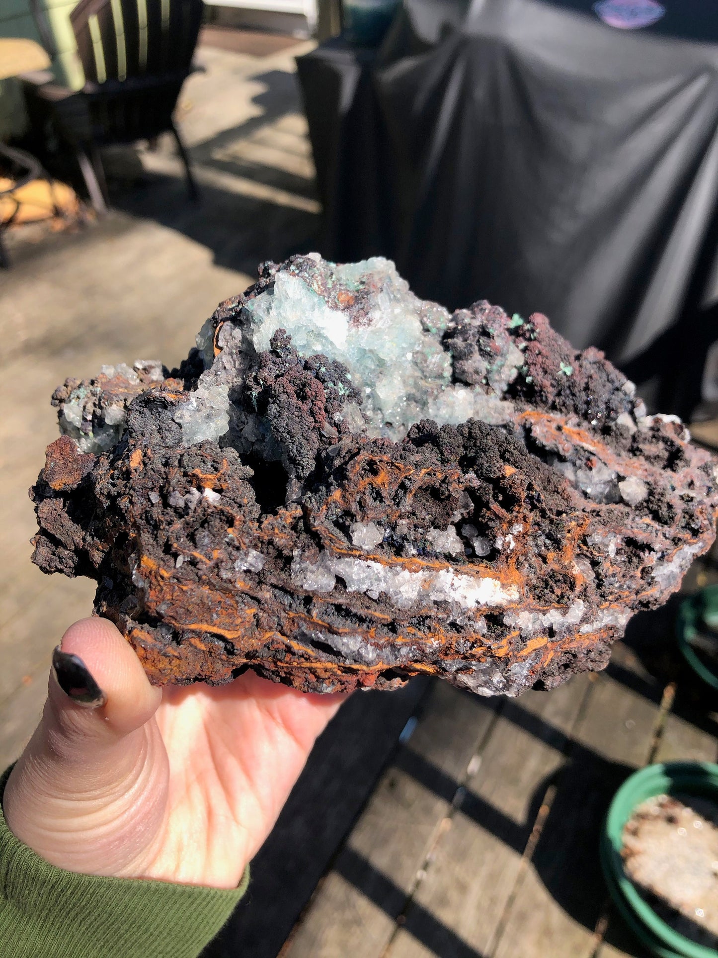 Cabinet Aurichalcite with Calcite on Goethite from Ojuela Mine Mexico