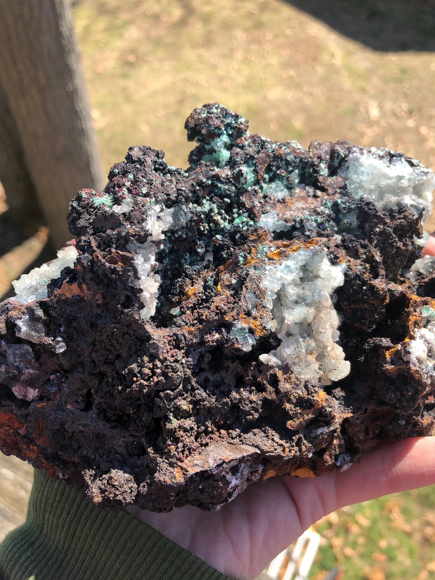 Cabinet Aurichalcite with Calcite on Goethite from Ojuela Mine Mexico