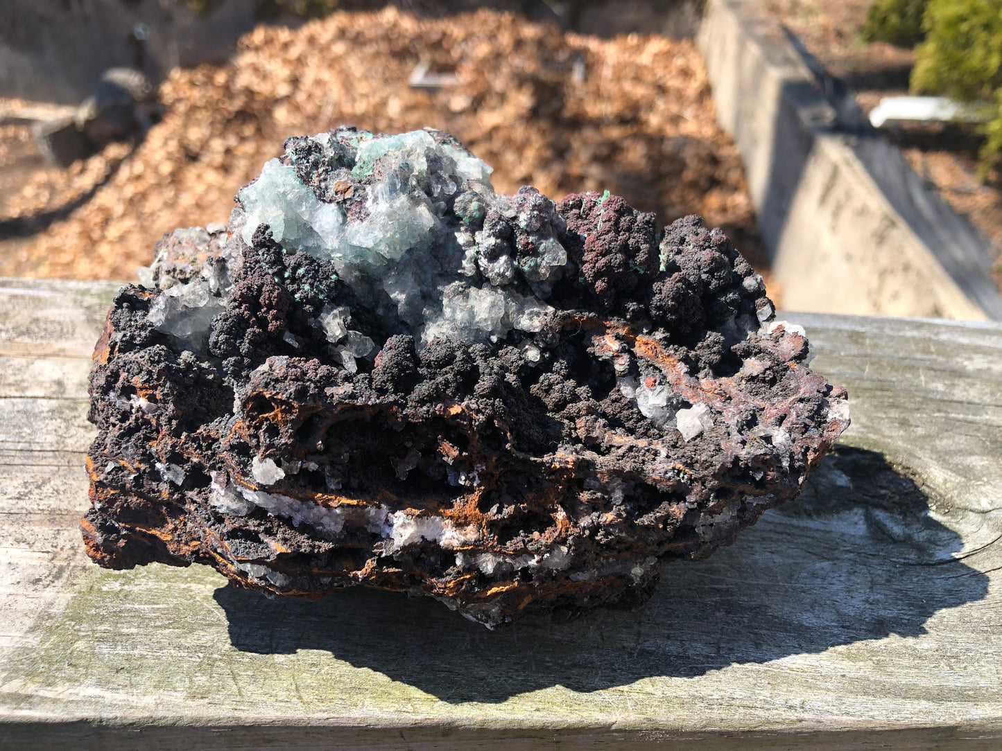 Cabinet Aurichalcite with Calcite on Goethite from Ojuela Mine Mexico