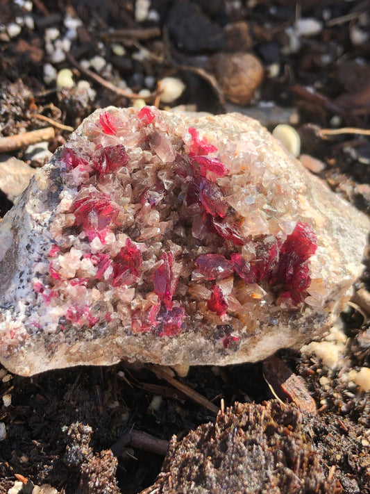 Roselite with Calcite on matrix from Bou Azzer, Morocco