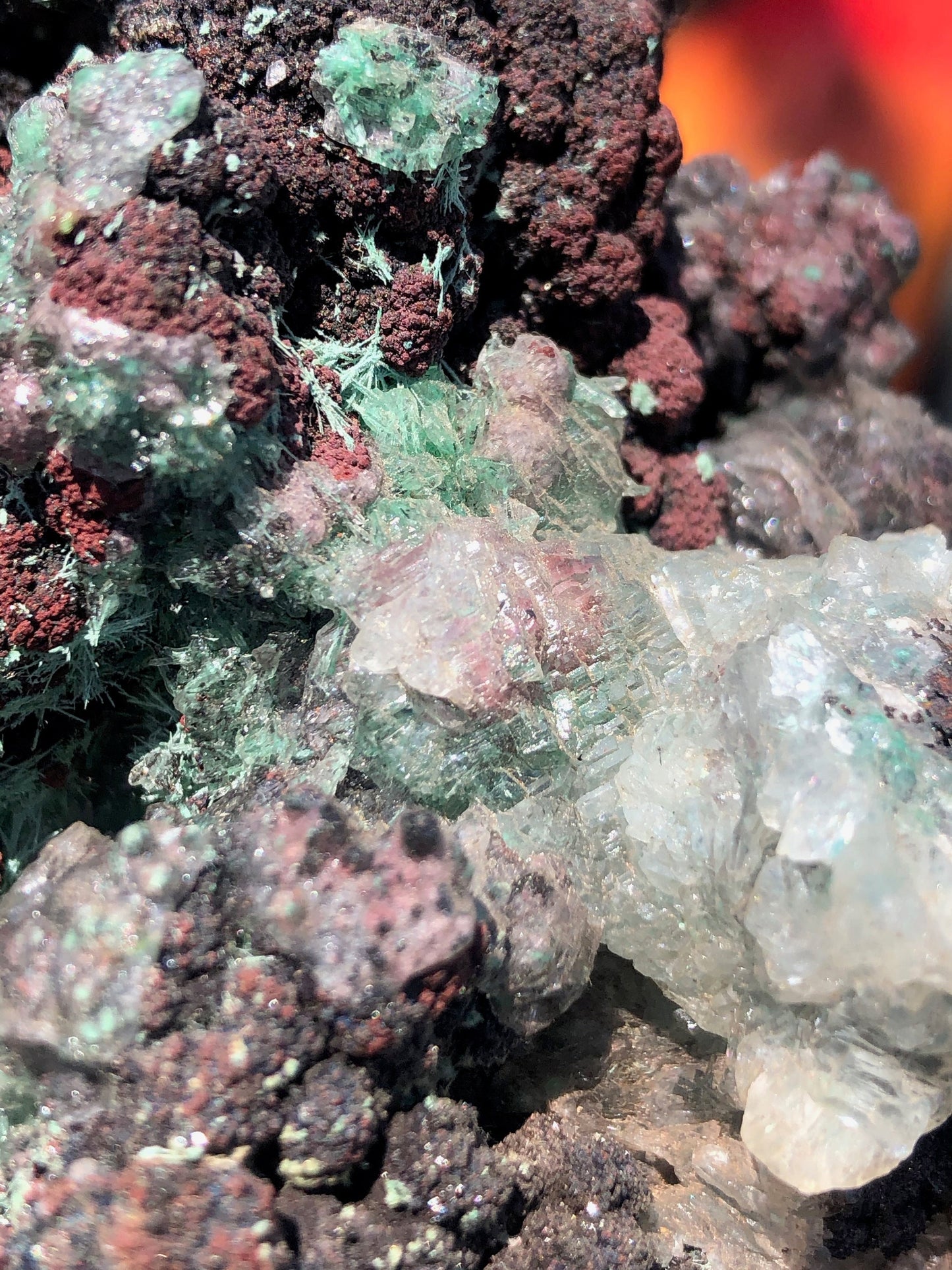 Cabinet Aurichalcite with Calcite on Goethite from Ojuela Mine Mexico