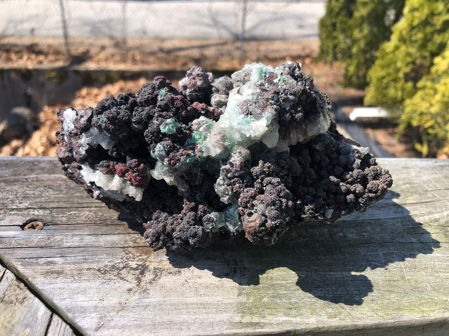 Cabinet Aurichalcite with Calcite on Goethite from Ojuela Mine Mexico