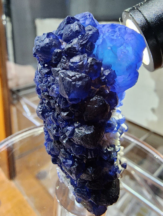 Blueberry Fluorite on Cactus Quartz Point from Huanggangliang, Inner Mongolia, China