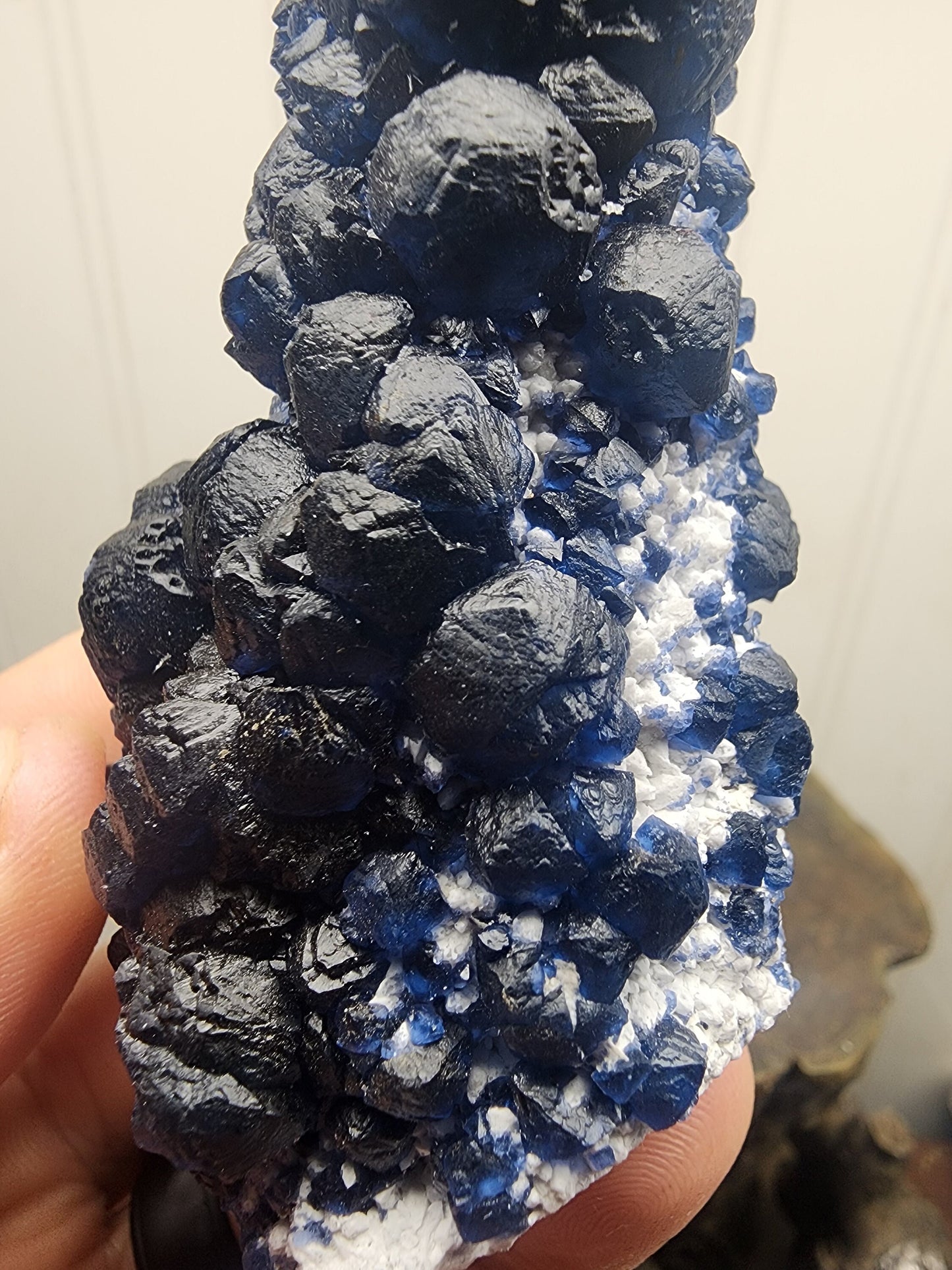 Blueberry Fluorite on Cactus Quartz Point from Huanggangliang, Inner Mongolia, China