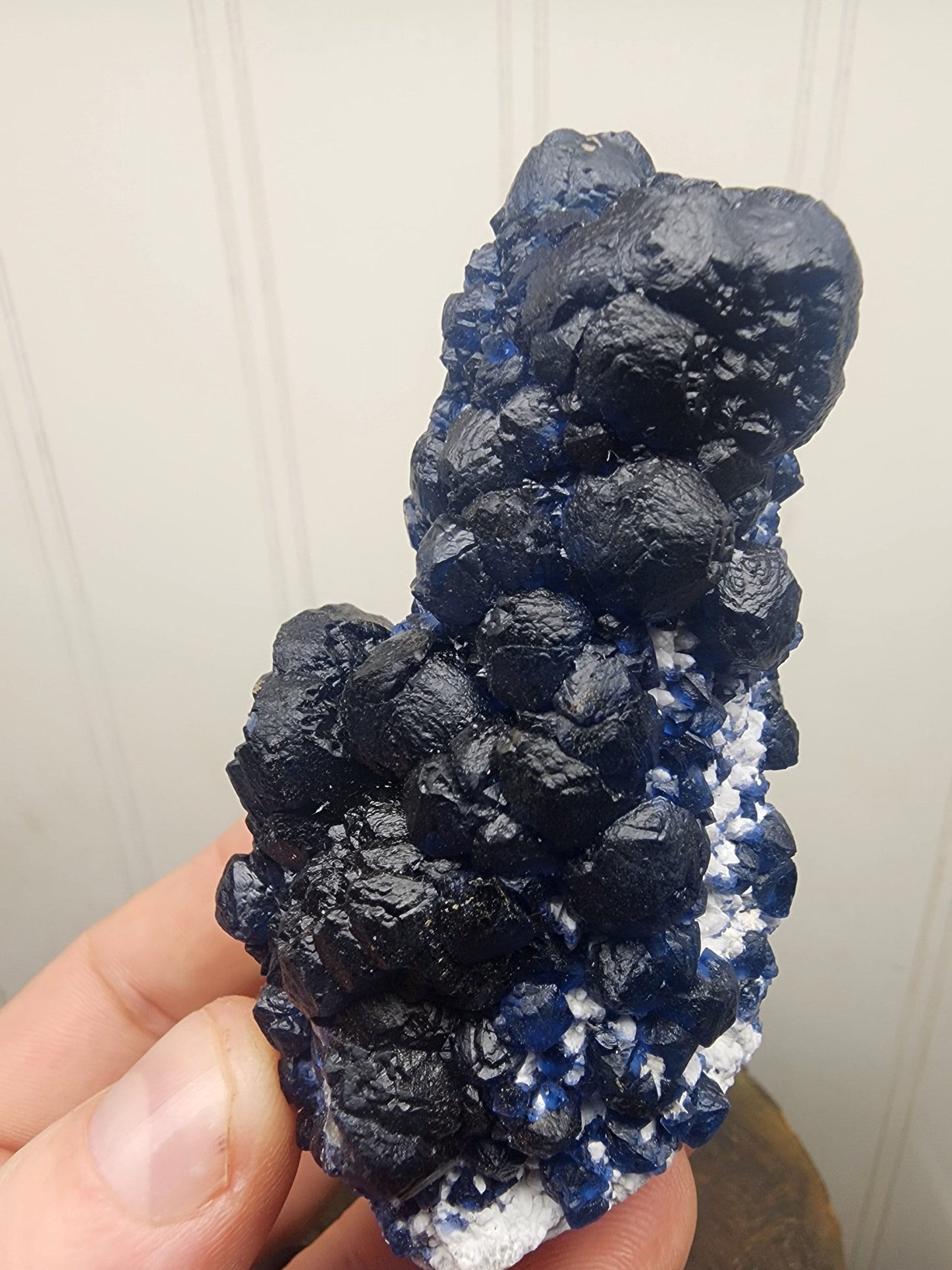 Blueberry Fluorite on Cactus Quartz Point from Huanggangliang, Inner Mongolia, China
