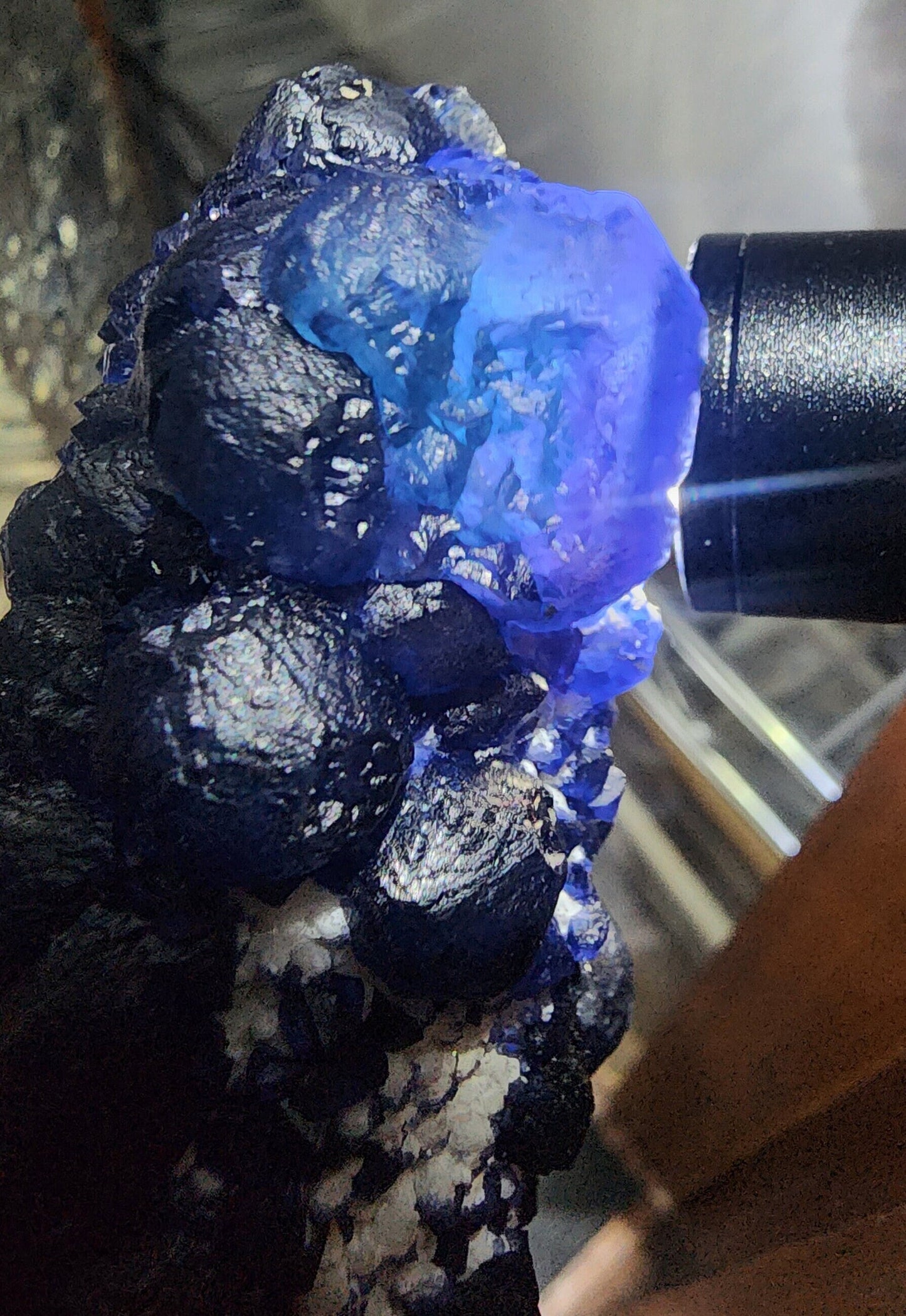 Blueberry Fluorite on Cactus Quartz Point from Huanggangliang, Inner Mongolia, China