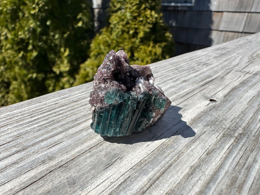 Indicolite Blue Tourmaline Crystals on Lepidolite from Brazil