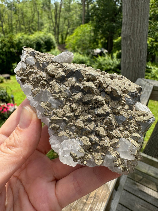 Cabinet Pyrite over Quartz with Calcite on Fluorite from Morocco