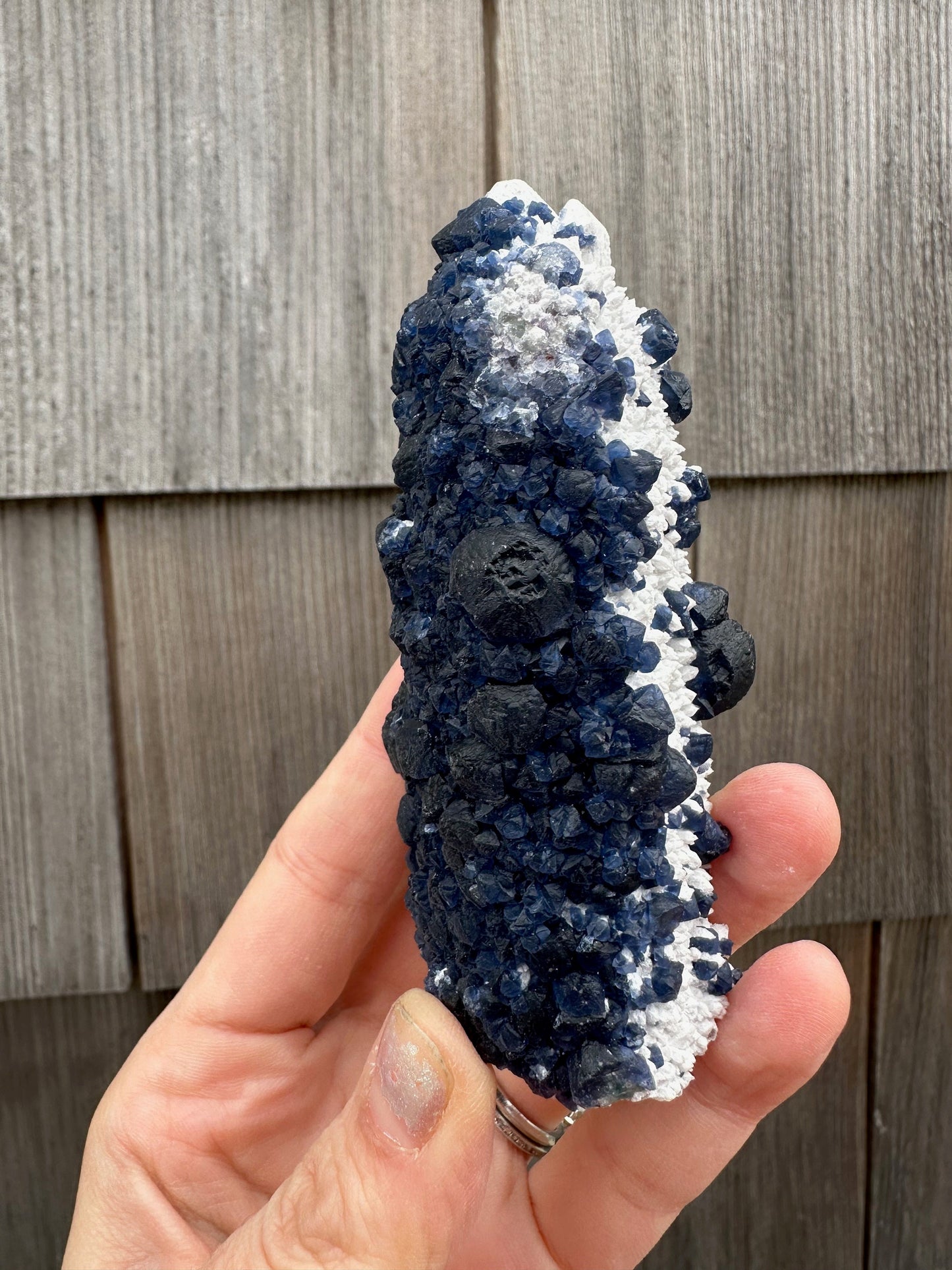 Blueberry Fluorite on Cactus Quartz Point from Huanggangliang, Inner Mongolia, China