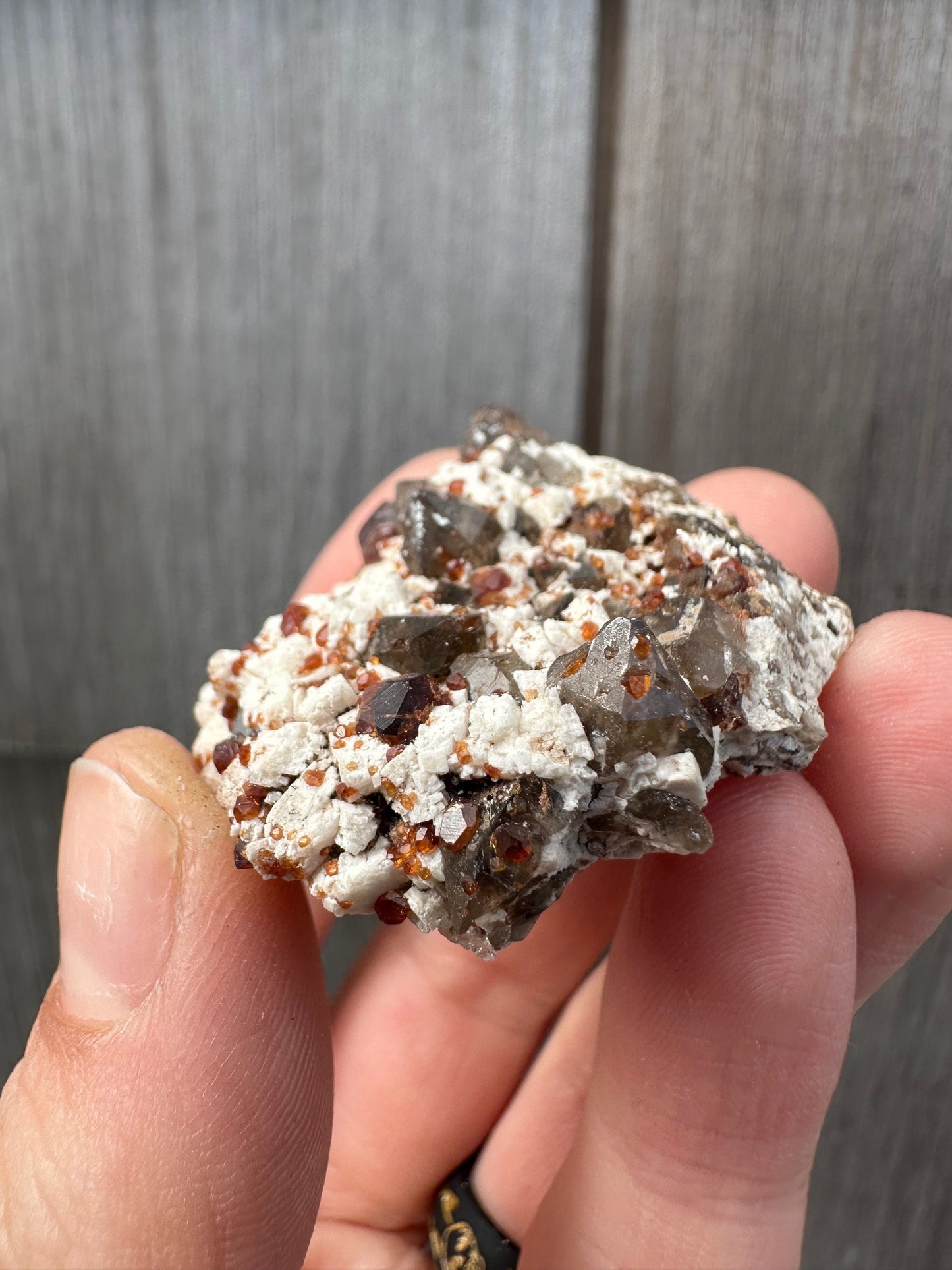 Spessartine Garnets on and in Smoky Quartz on Matrix from China