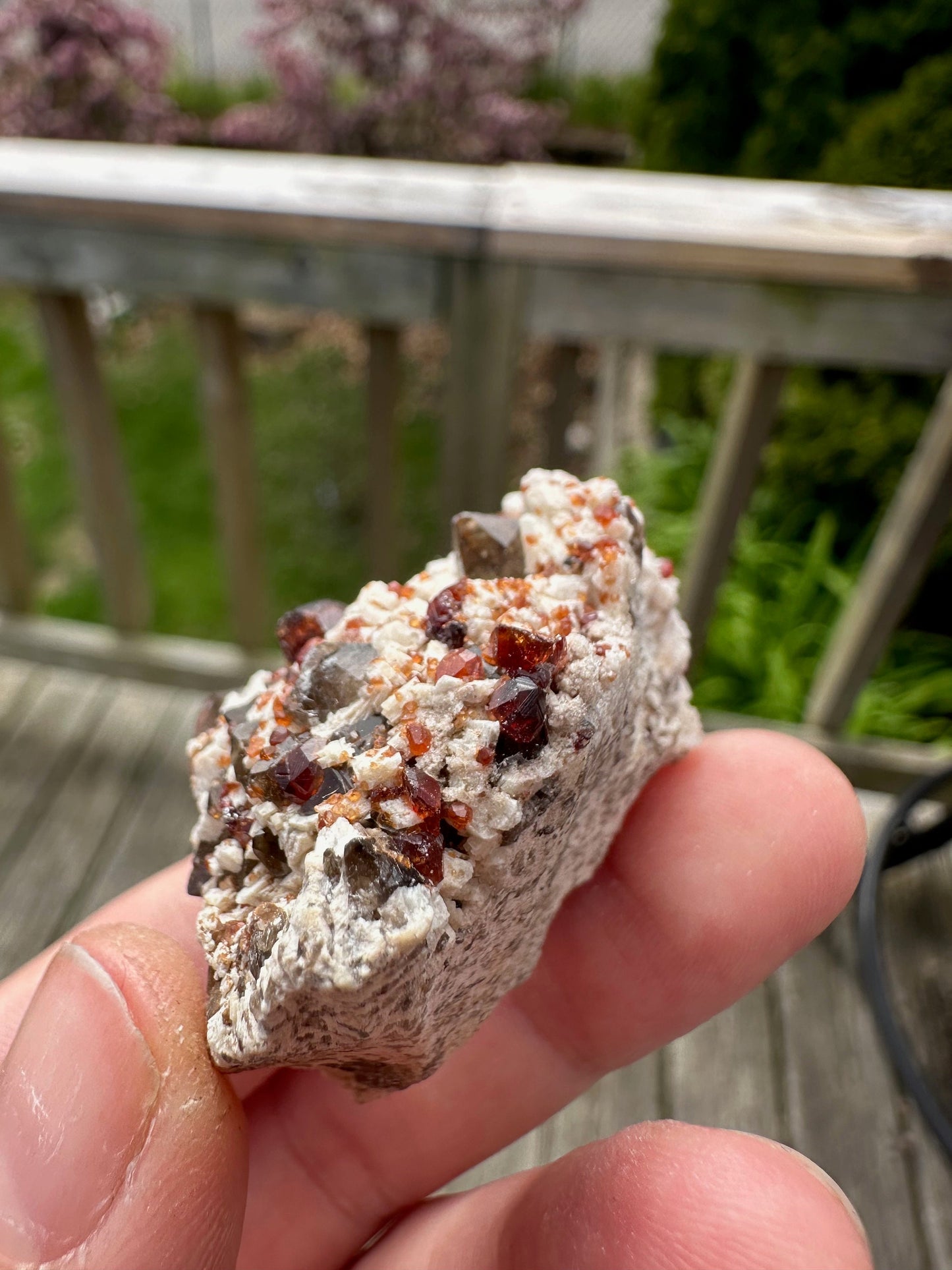 Spessartine Garnets on and in Smoky Quartz on Matrix from China