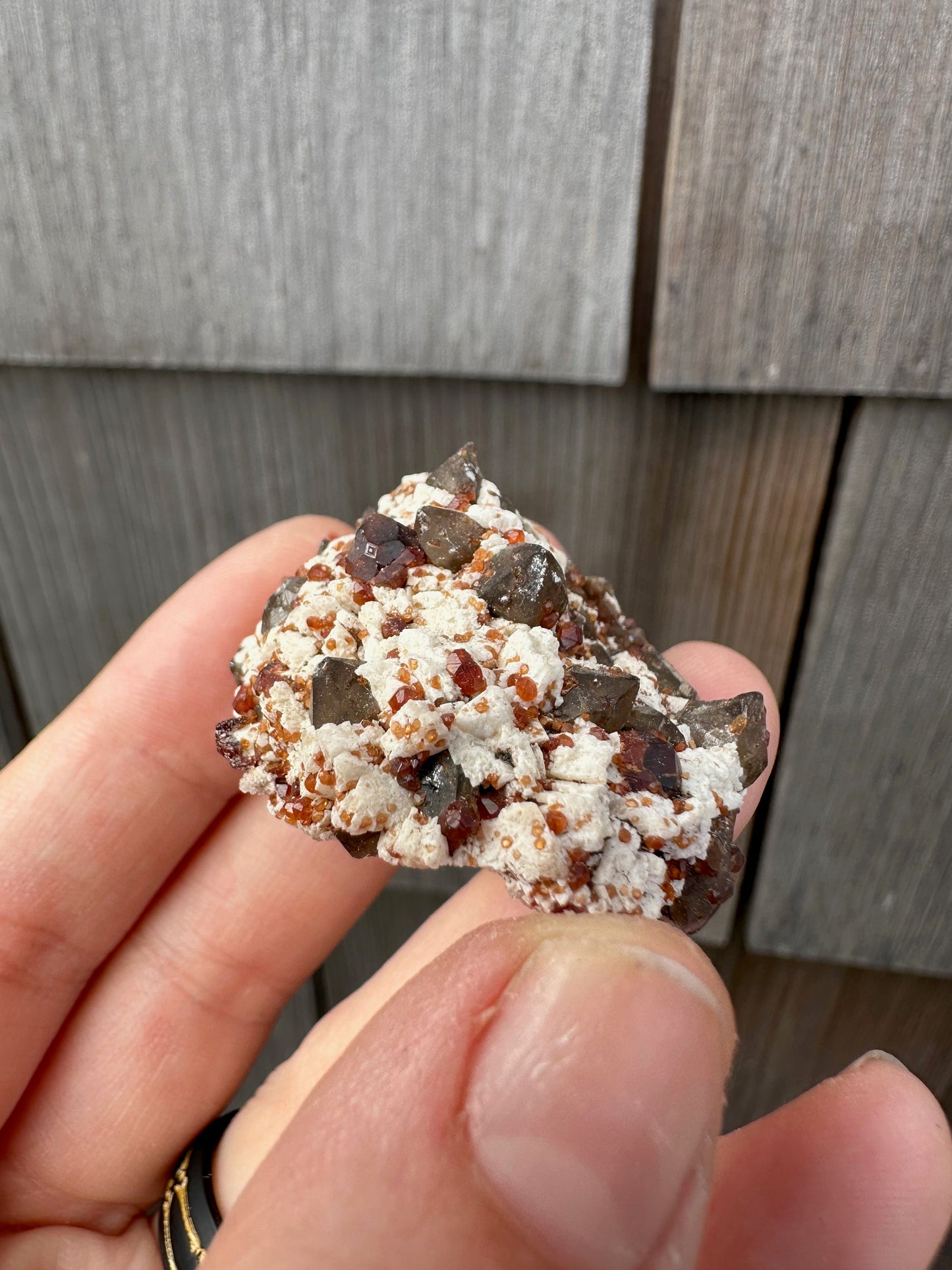 Spessartine Garnets on and in Smoky Quartz on Matrix from China