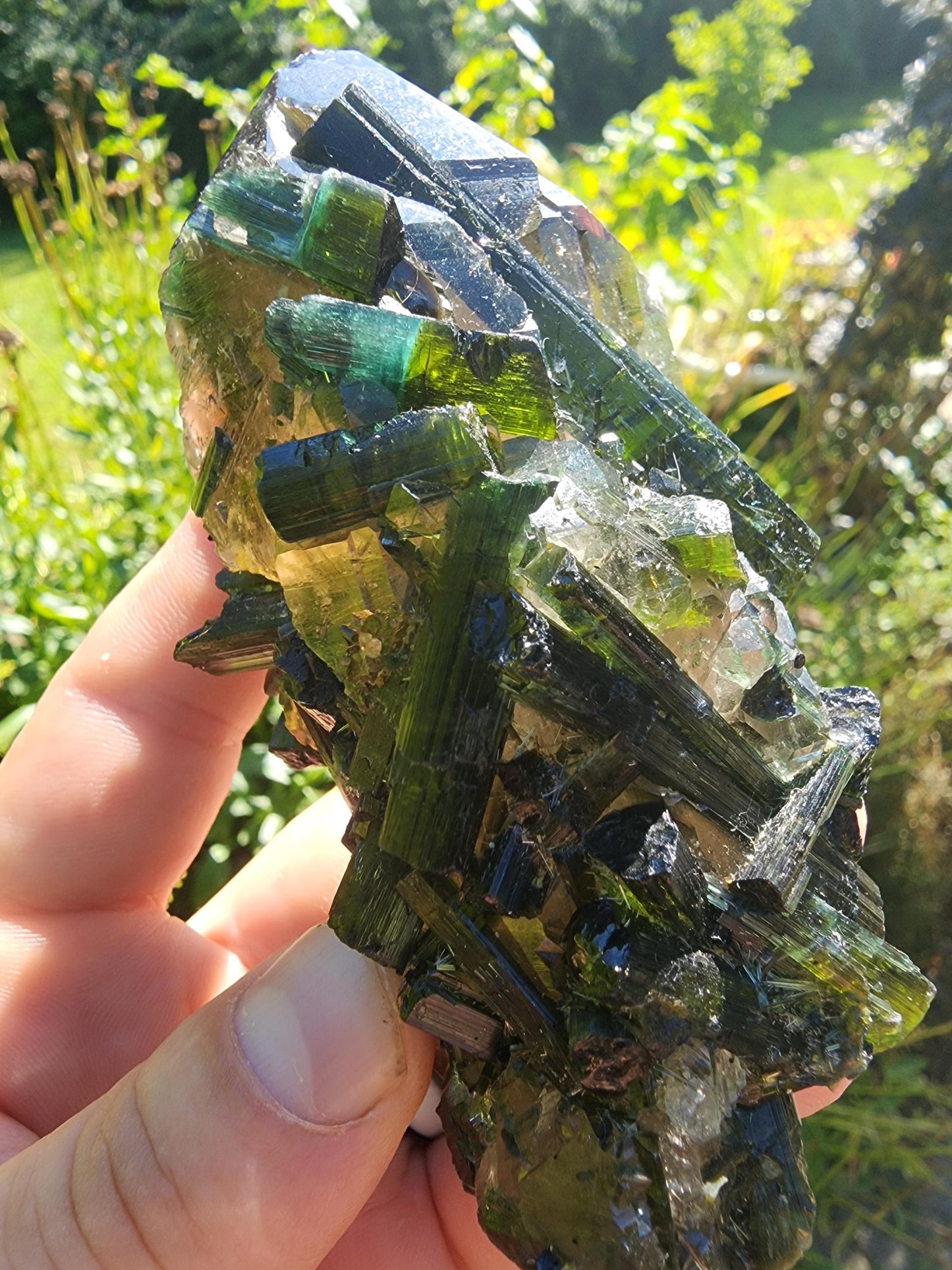 Large Bi-colored Tourmaline with a Smoky Quartz Point from Minas Gerais, Brazil