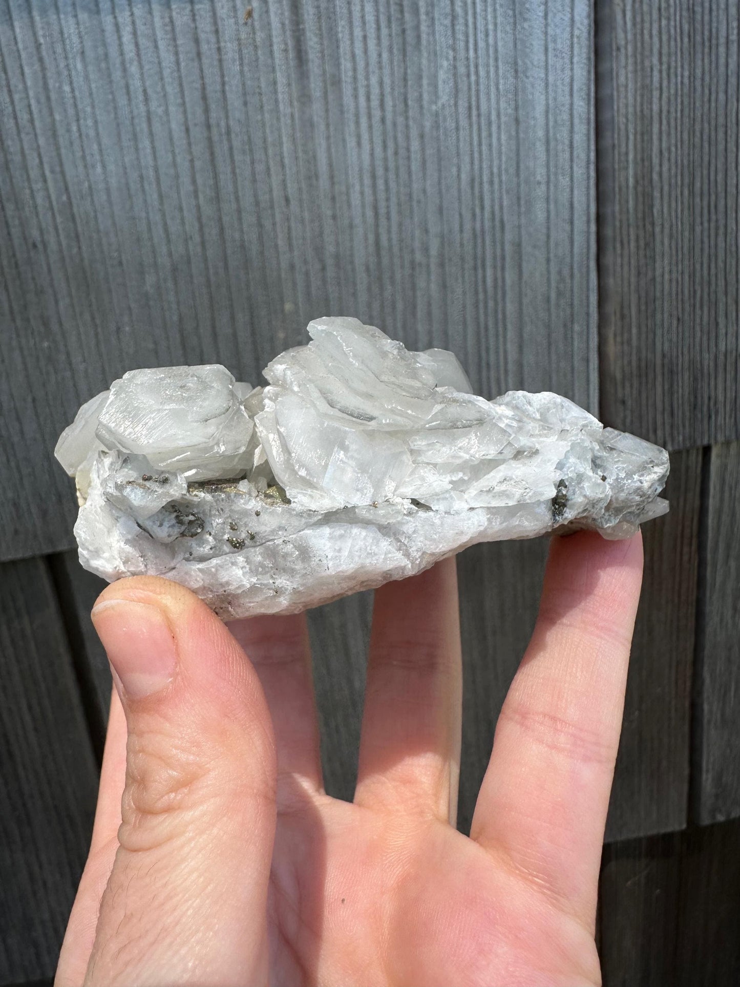 Fluorescent Poker Chip Calcite With Pyrite on Fluorite from Morocco