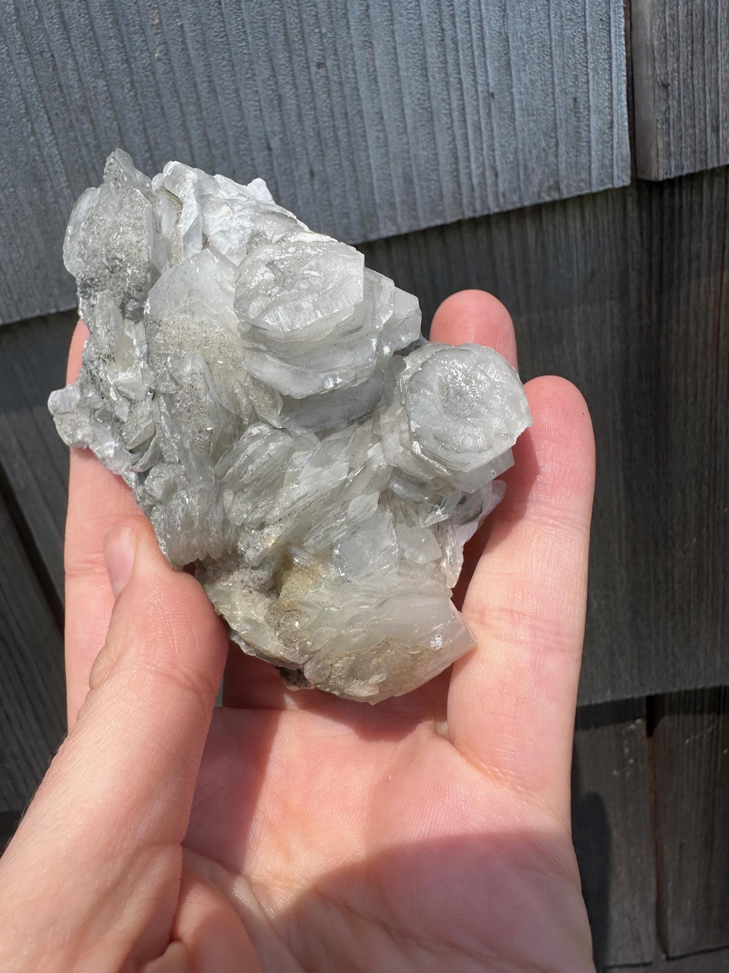 Fluorescent Poker Chip Calcite With Pyrite on Fluorite from Morocco