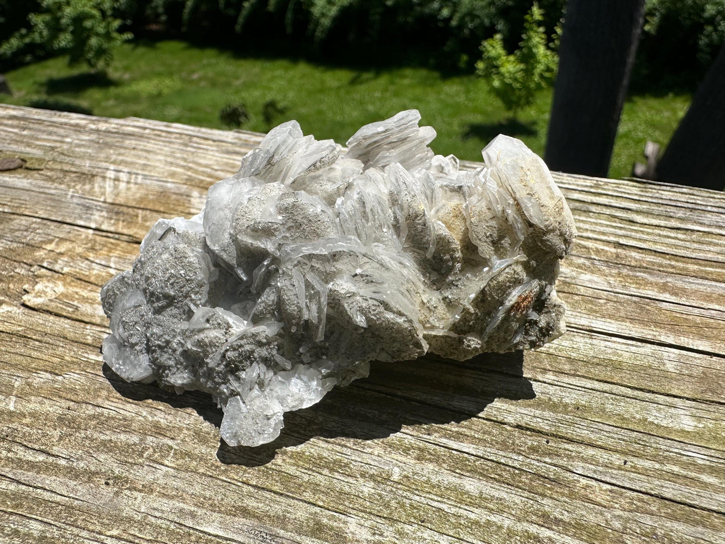 Fluorescent Poker Chip Calcite With Pyrite on Fluorite from Morocco