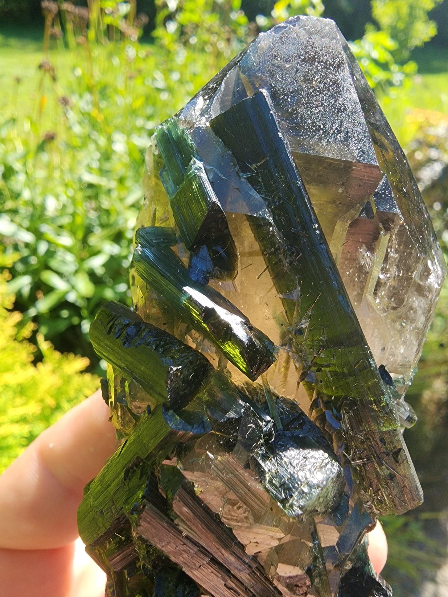 Large Bi-colored Tourmaline with a Smoky Quartz Point from Minas Gerais, Brazil