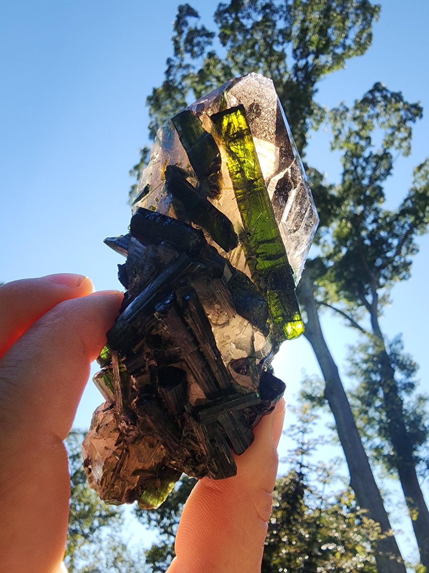 Large Bi-colored Tourmaline with a Smoky Quartz Point from Minas Gerais, Brazil