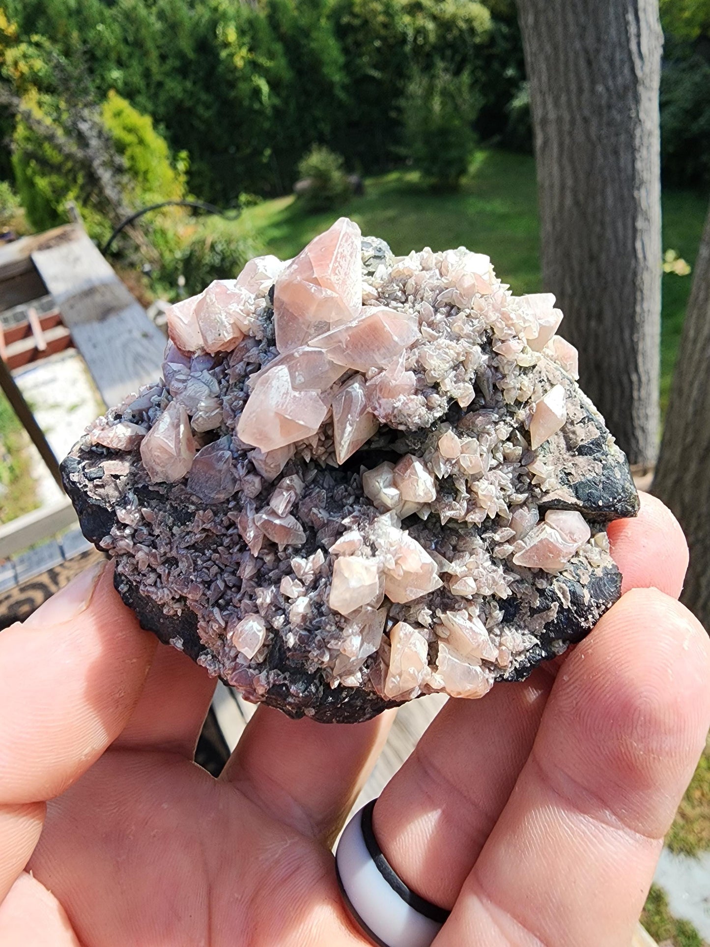Calcite with Red Hematite on Galena from Mexico