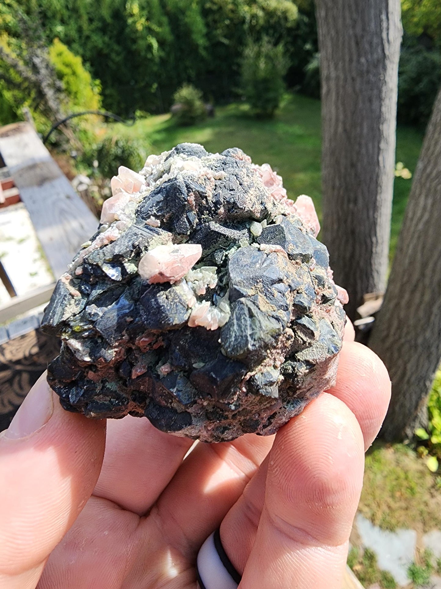 Calcite with Red Hematite on Galena from Mexico